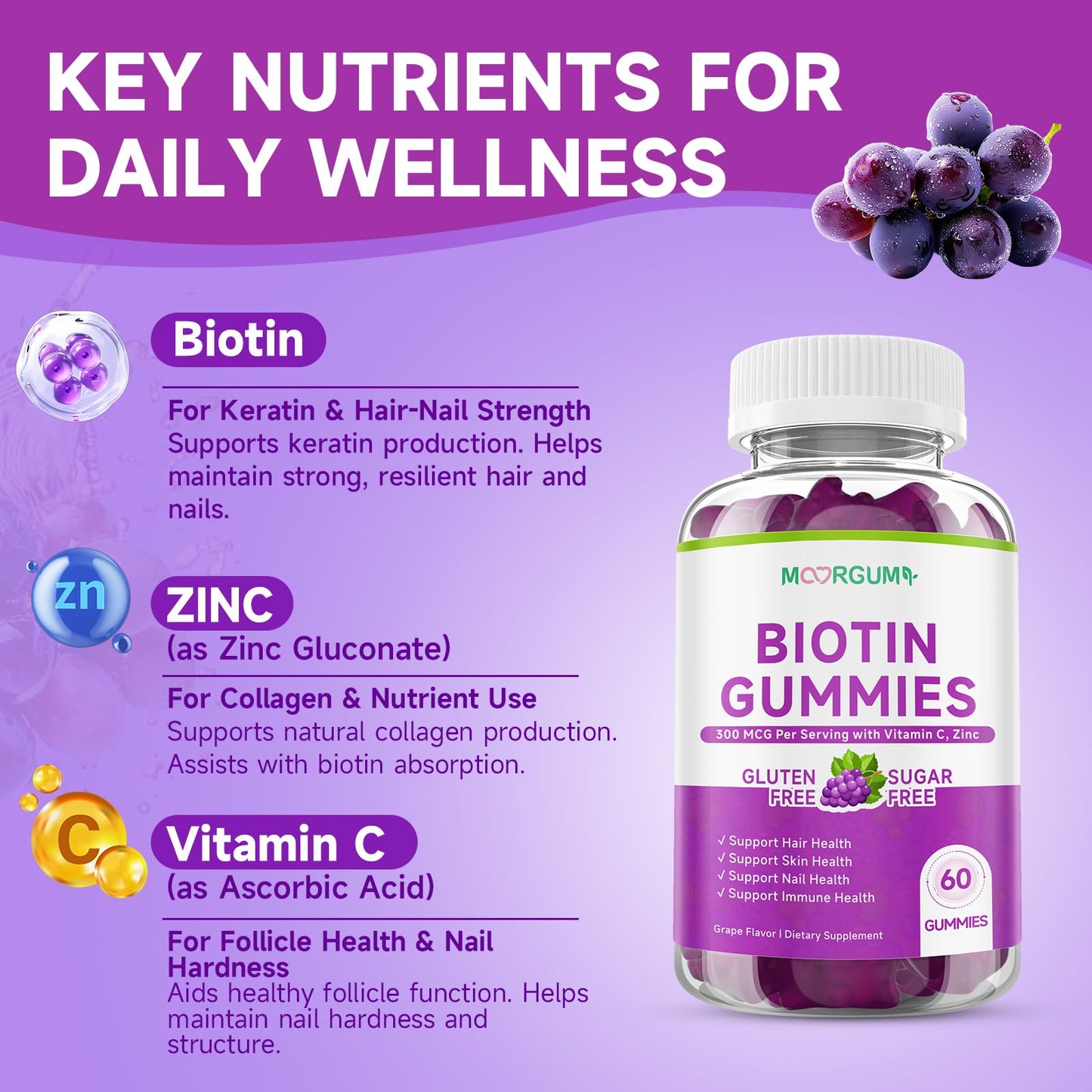MOORGUMY Biotin Hair, Skin & Nails Gummies Sugar Free Grape Flavor, 60 Count