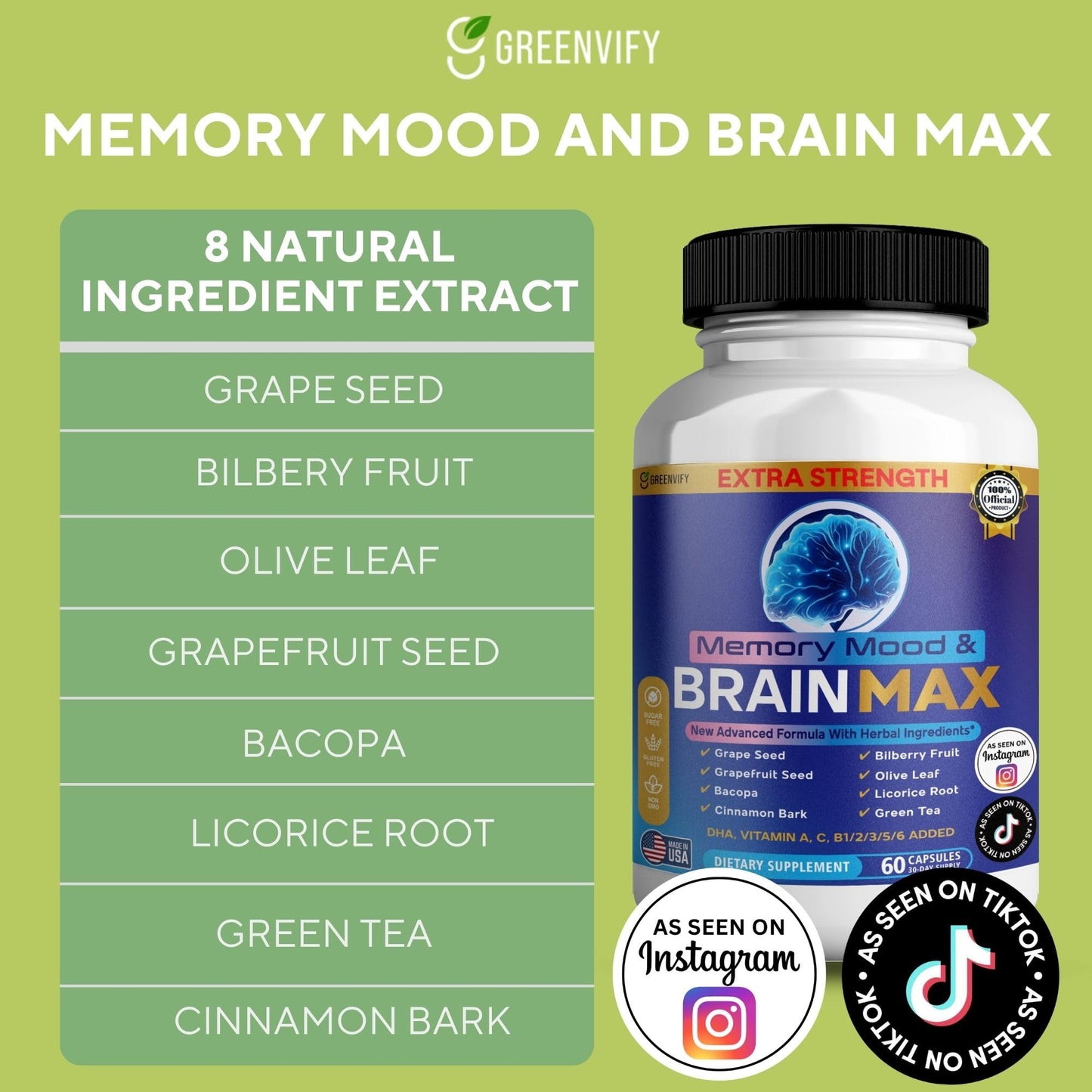 GREENVIFY Memory, Mood & Brain Max Extra Strength Supplement with Herbal Ingredients, 60 Capsules
