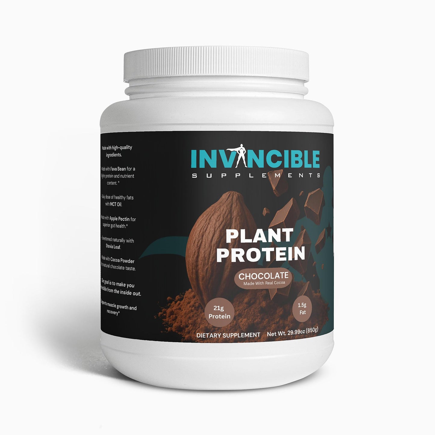 Invincible Supplements 100% Plant Protein Powder Chocolate, 1.85 Pound, 29.6 Servings