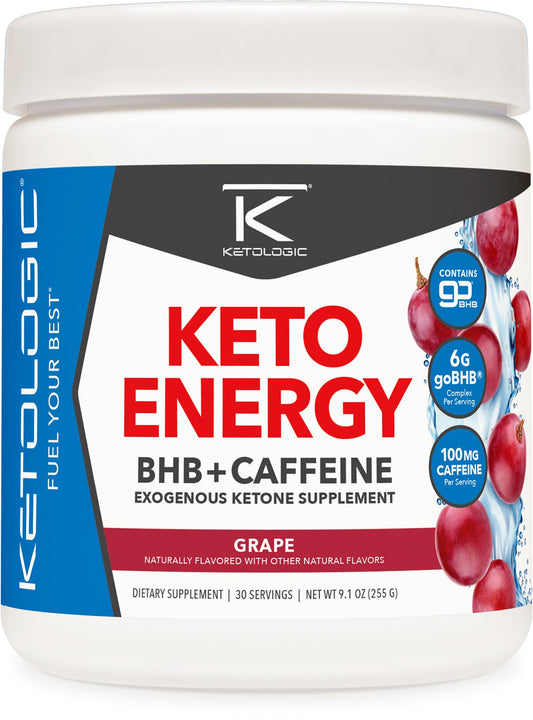 Ketologic BHB KetoEnergy Exogenous Ketones Powder with Caffeine (Grape) 8.9 Ounce