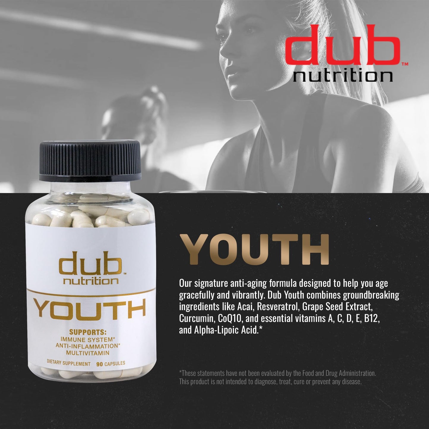 Dub Nutrition Youth Formula with Acai, Resveratrol, Curcumin, Vitamins A, C, D, E, B12, and CoQ10 - Supports Immunity and Mobility, 90 Capsules