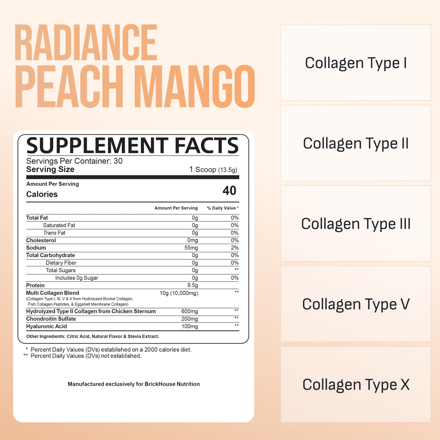 BRICKHOUSE NUTRITION Radiance Collagen Peptides Powder for Skin & Hair Growth with Hyaluronic Acid, Peach Mango, 14 Ounce