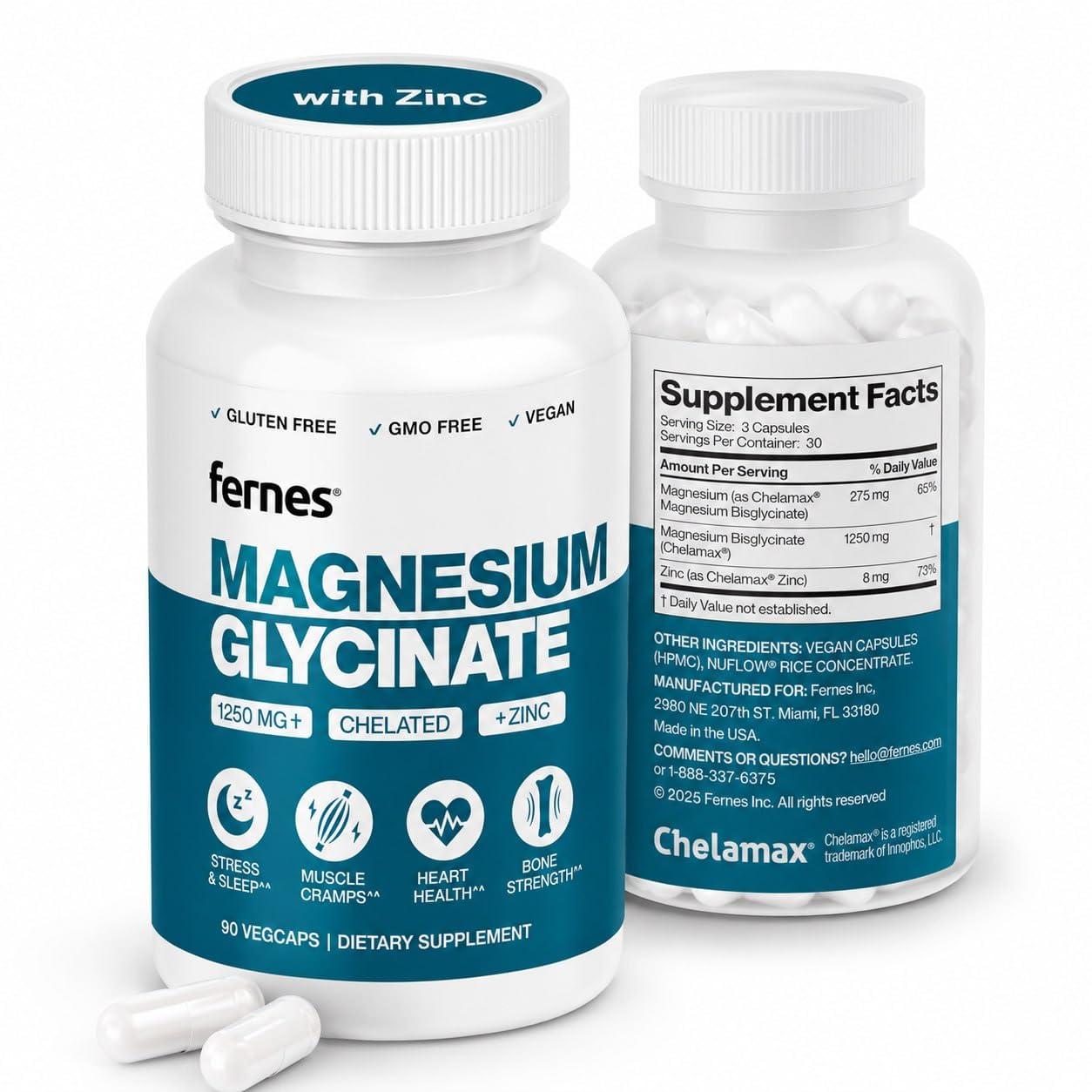 Fernes Magnesium Glycinate with Zinc, 275mg Elemental Magnesium + 8mg Zinc, 90 Capsules