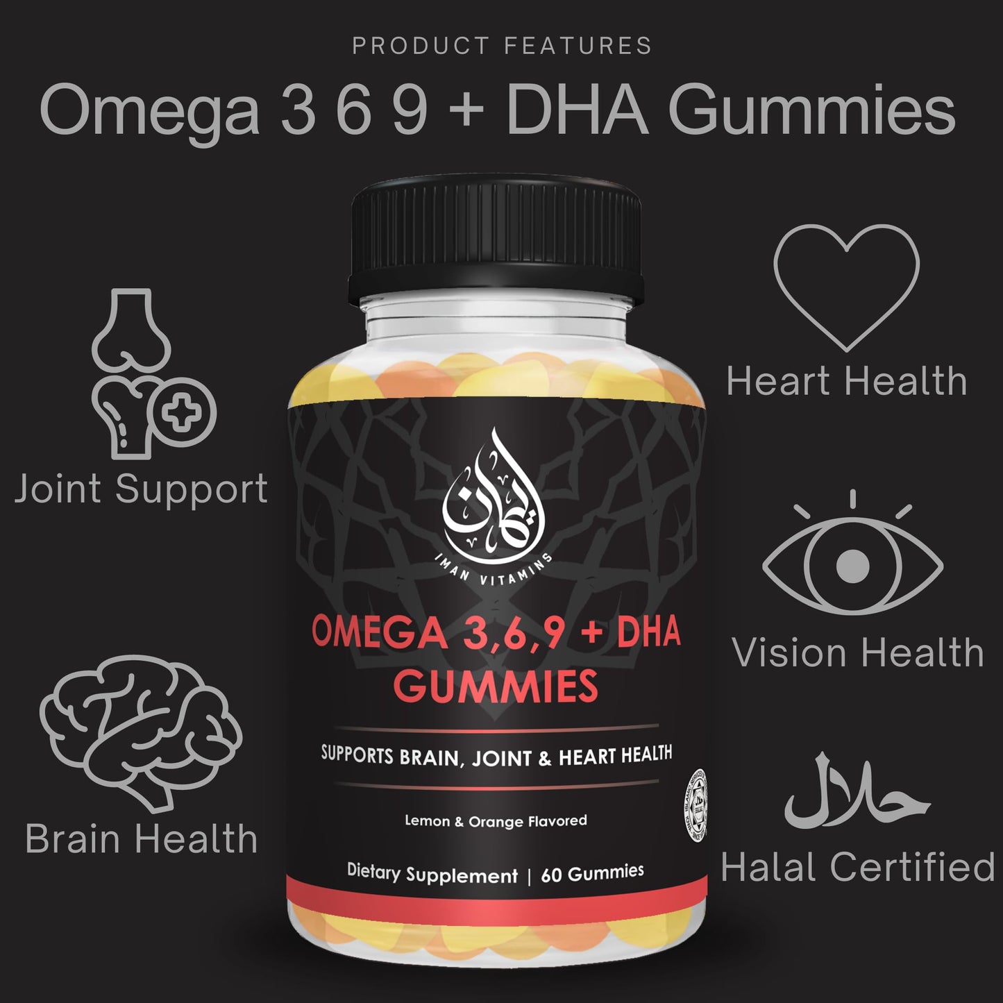 Iman Vitamins Omega 3 6 9 + DHA Gummies, 60 Count
