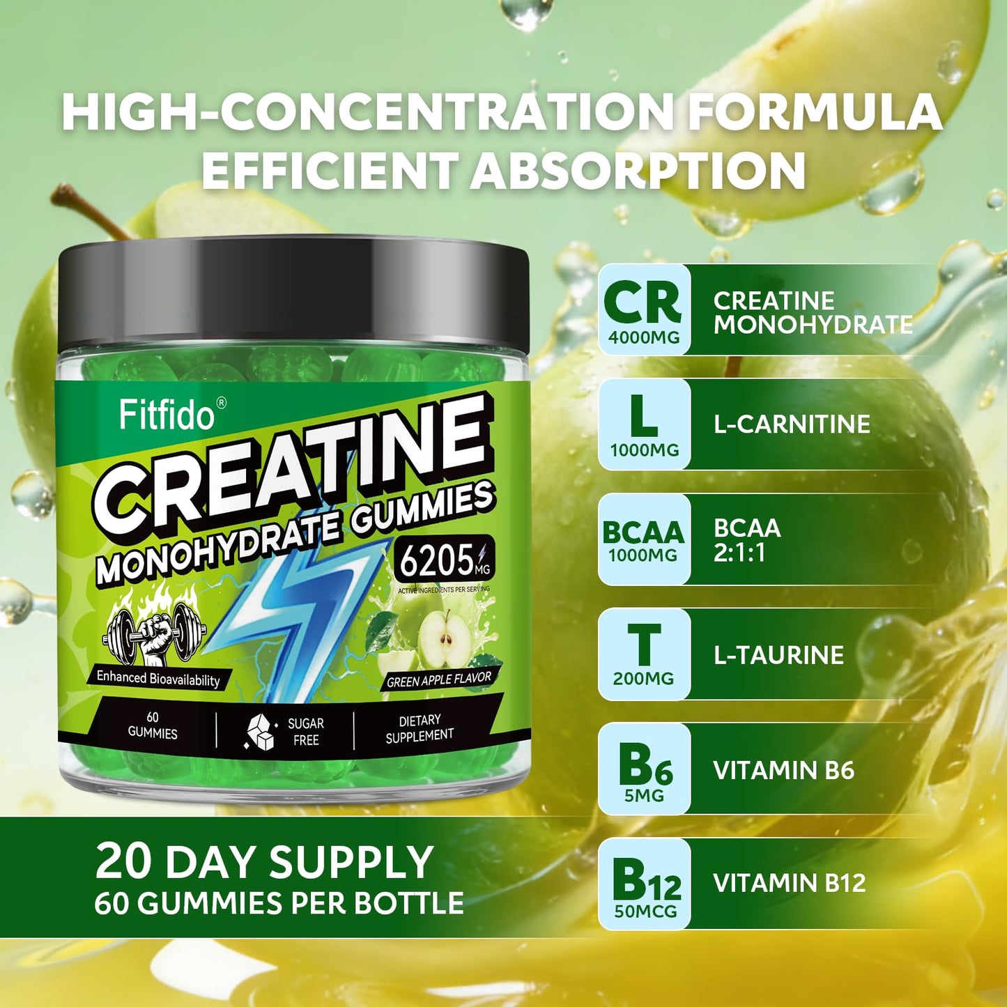 Fitfido Creatine Monohydrate Gummies with L-Carnitine, 60 Count