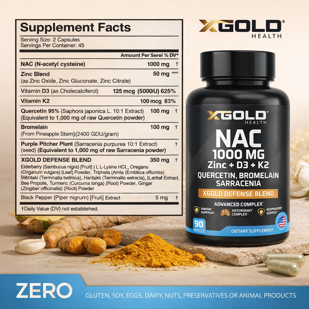 X Gold Health NAC 1000 mg with Quercetin 95%, Bromelain, Zinc, Vitamin C, D3 & K2 Immune Support & Antioxidant Supplement Advanced Defense Blend Capsules, 120 Count
