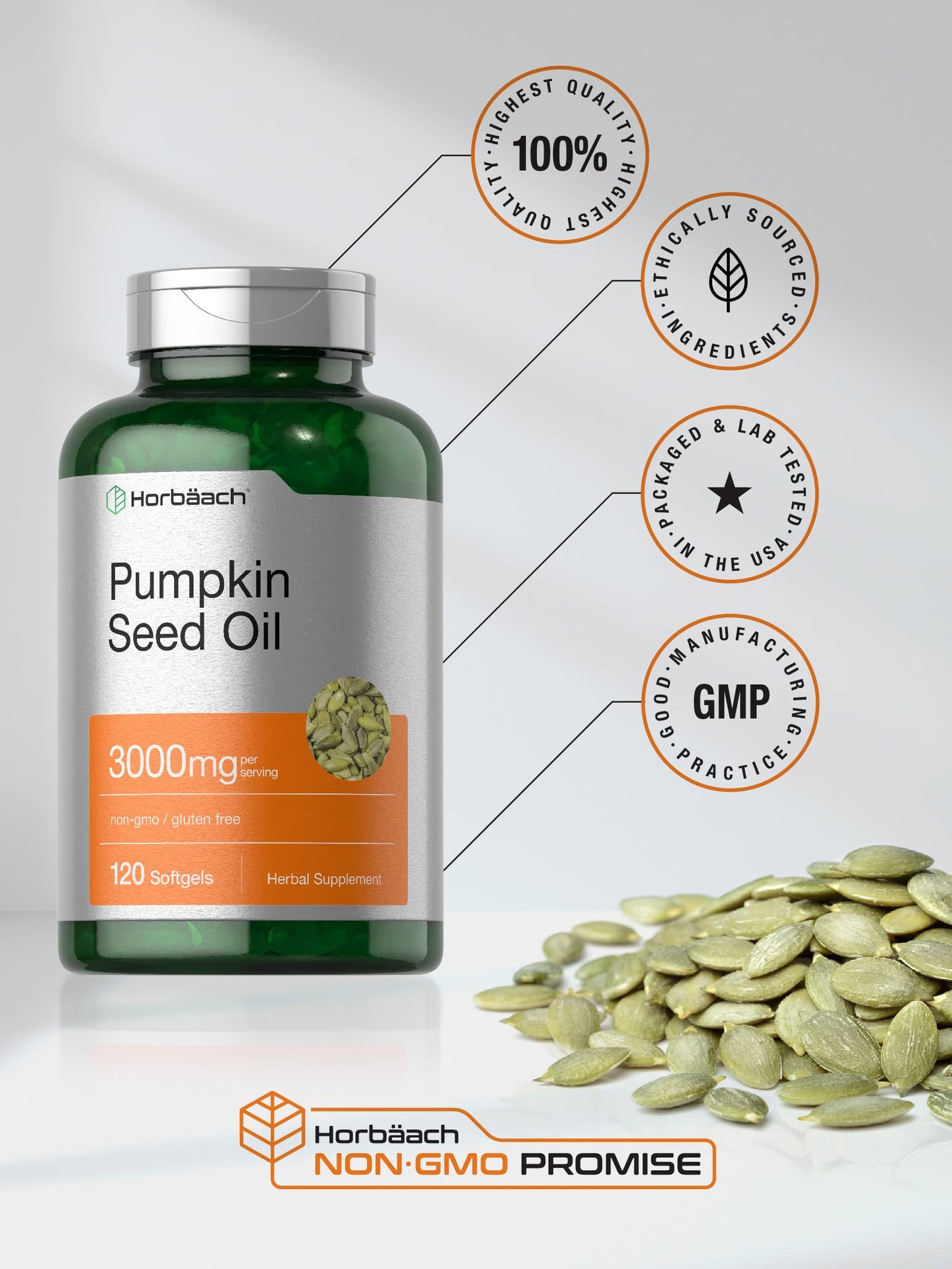 Horbäach Pumpkin Seed Oil 3000mg Softgel Capsules, 120 Count