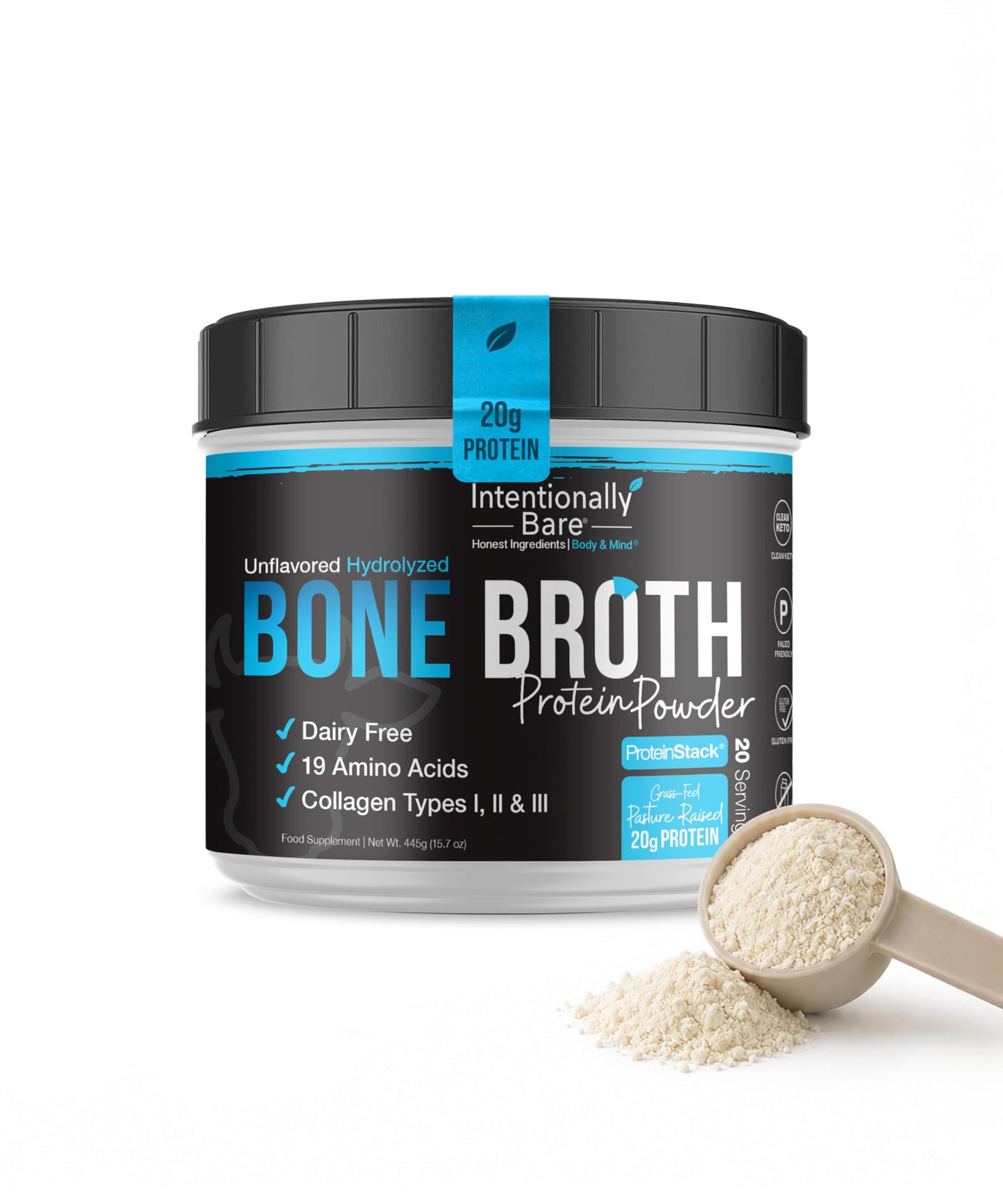 Intentionally Bare Bone Broth Protein Powder, Unflavored, Grass-Fed, 15.7 oz