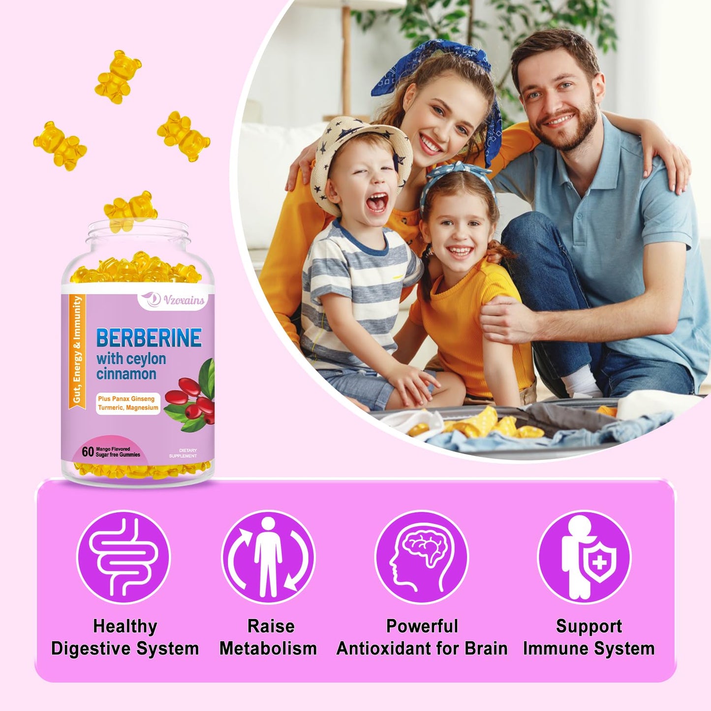 VZOXAINS Berberine with Ceylon Cinnamon Gummies, 60 Gummies