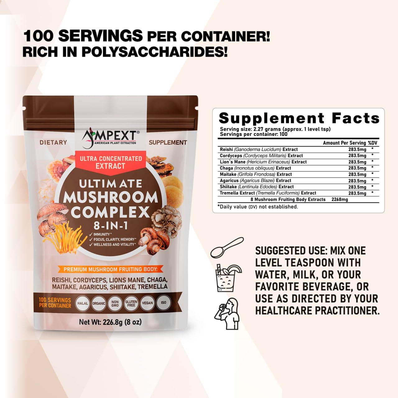 AMPEXT 8-in-1 Ultimate Mushroom Complex Powder, 8 Ounce