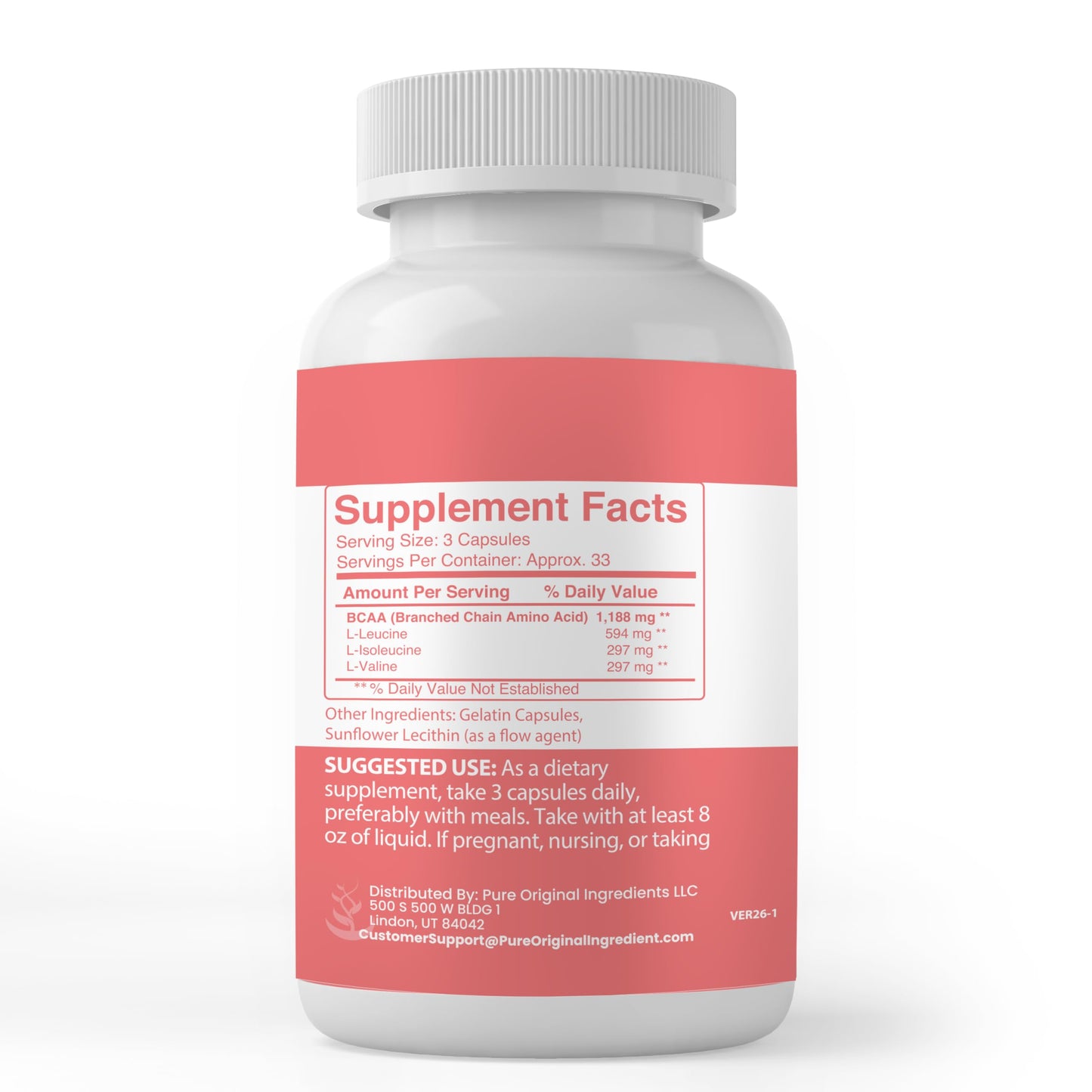 PURE ORIGINAL INGREDIENTS BCAA Capsules 100 Count