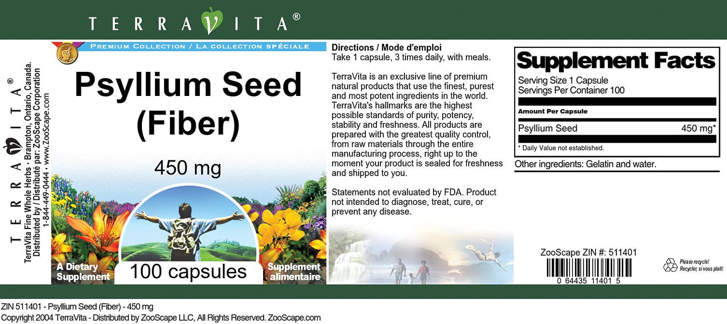 Terravita Psyllium Seed (Fiber) 450 mg Capsules, 300 Count