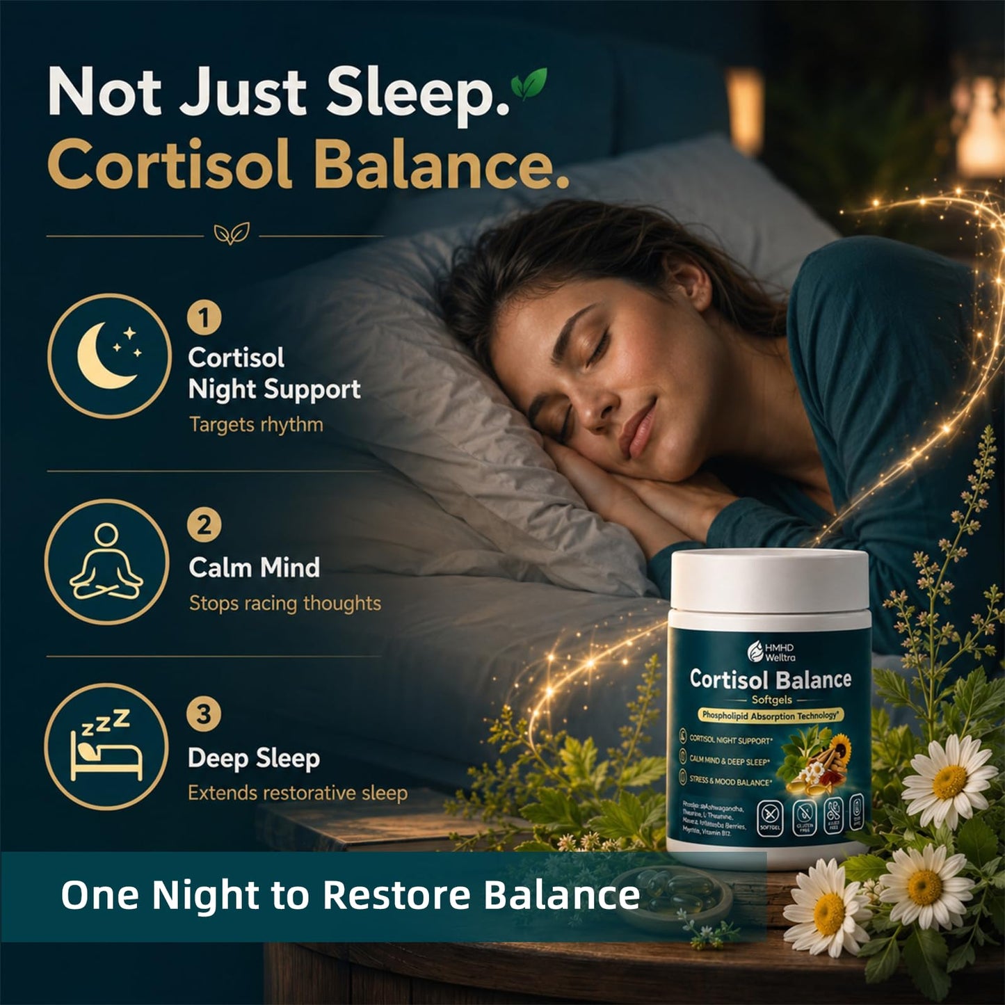 HMHDWelltra Cortisol Supplements for Women and Men, 10-in-1 Cortisol Reducer Detox Manager Softgels with Magnesium L-Theanine Apigenin Saffron Rhodiola, Non-Melatonin Liposomal, 90 Softgels