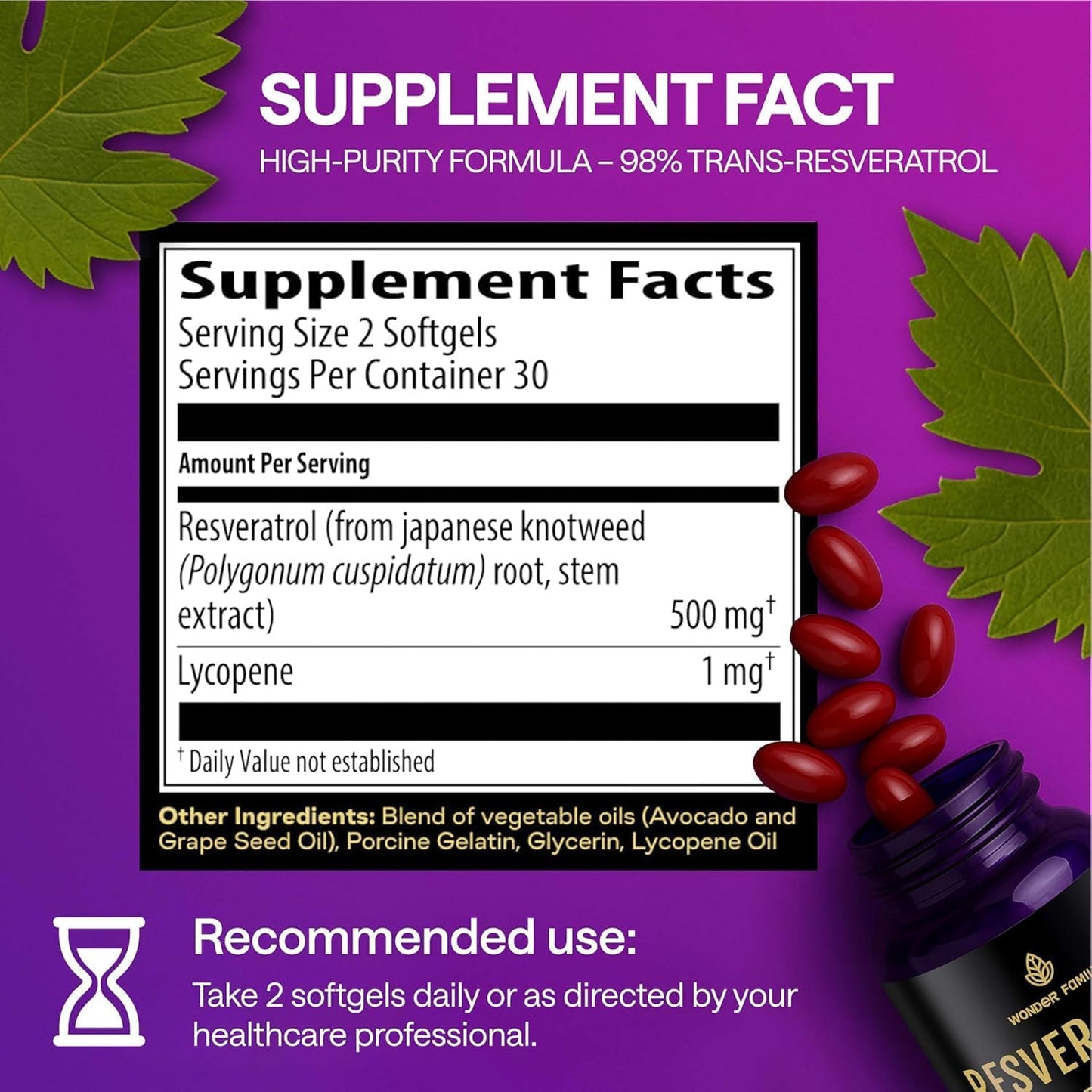 WONDER FAMILY Resveratrol Supplement 500mg – 98% Trans-Resveratrol Organic Complex Softgels 240