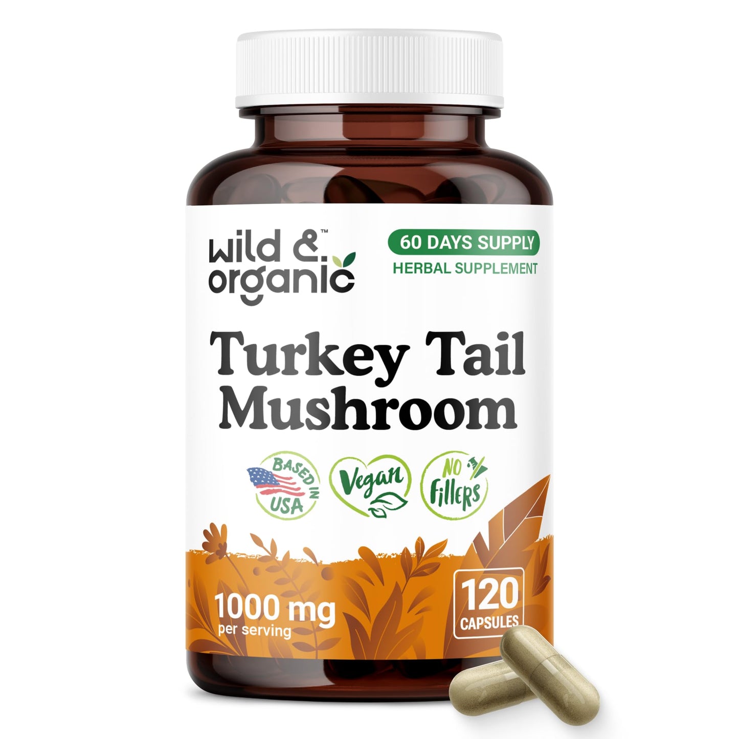 Wild & Organic Turkey Tail Capsule 1000 mg Immune Support 120 Count
