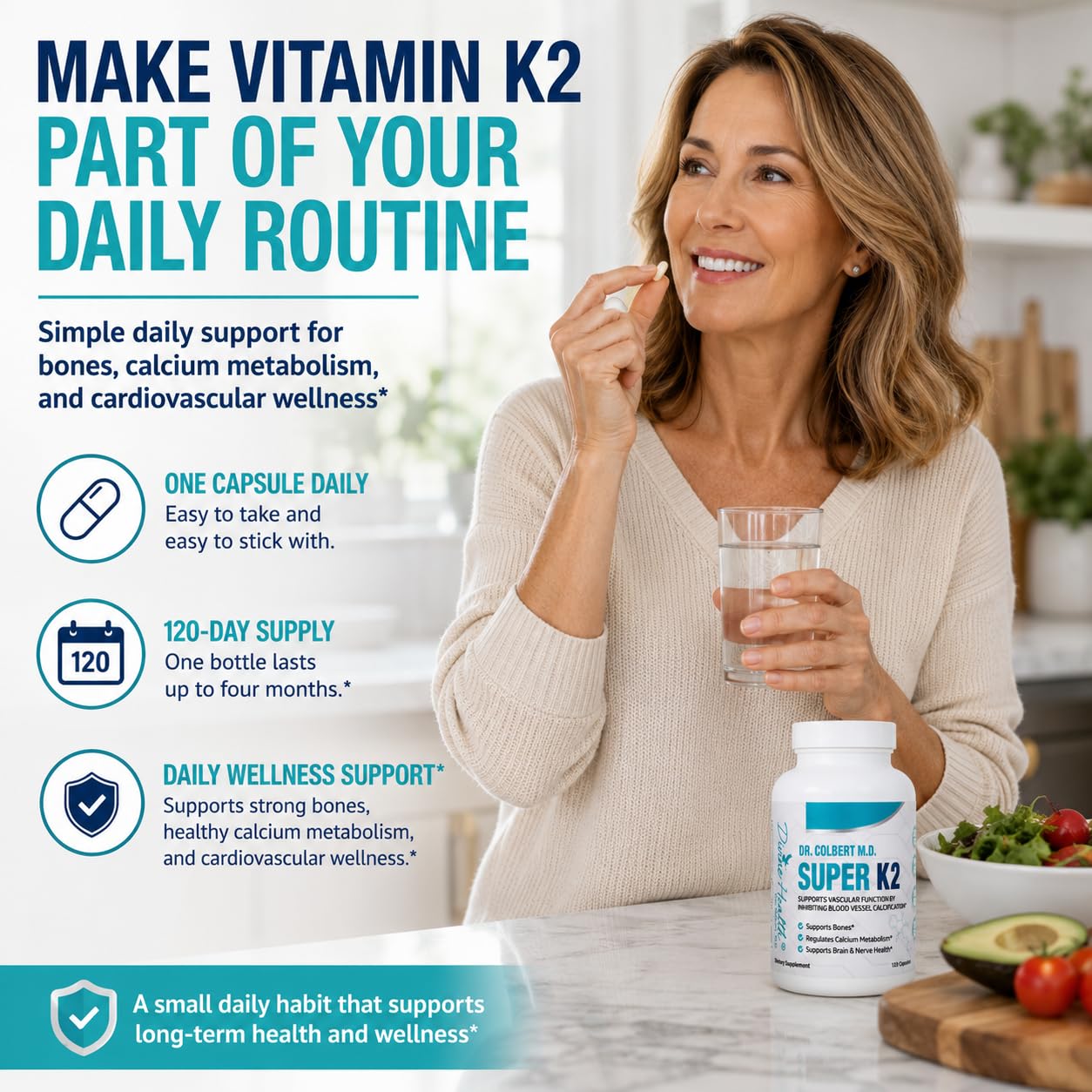 Divine Health Dr. Colbert, MD Super K2 MK-7 Vitamin K2 200mcg Capsules, 120 Capsules