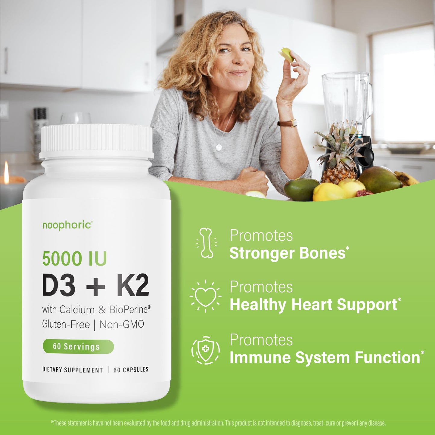 Noophoric Vitamin D3 K2 5000 IU D3 with K2 MK7 Capsules, 60 Capsules