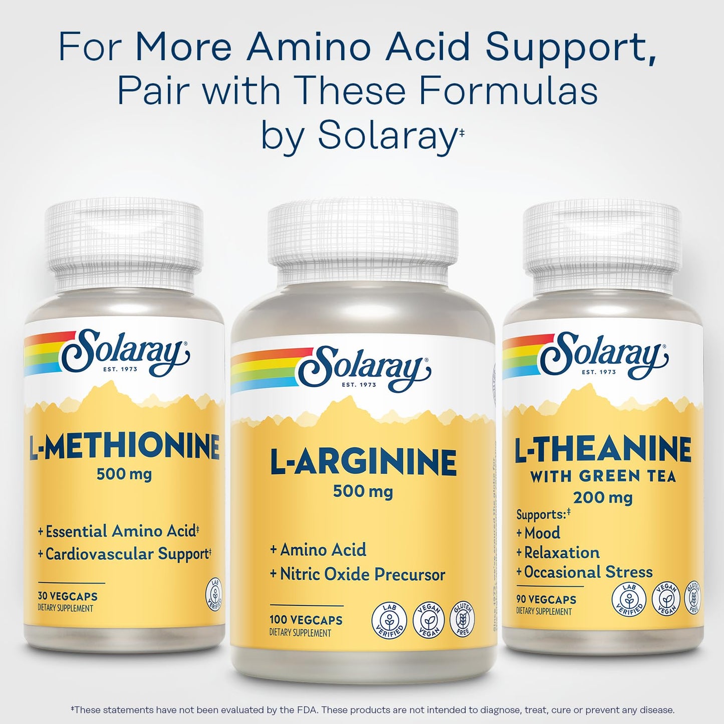 SOLARAY L-Arginine 500 mg Nitric Oxide Supplement, Endurance, Energy, Heart Health Support, Capsules, 100 VegCaps