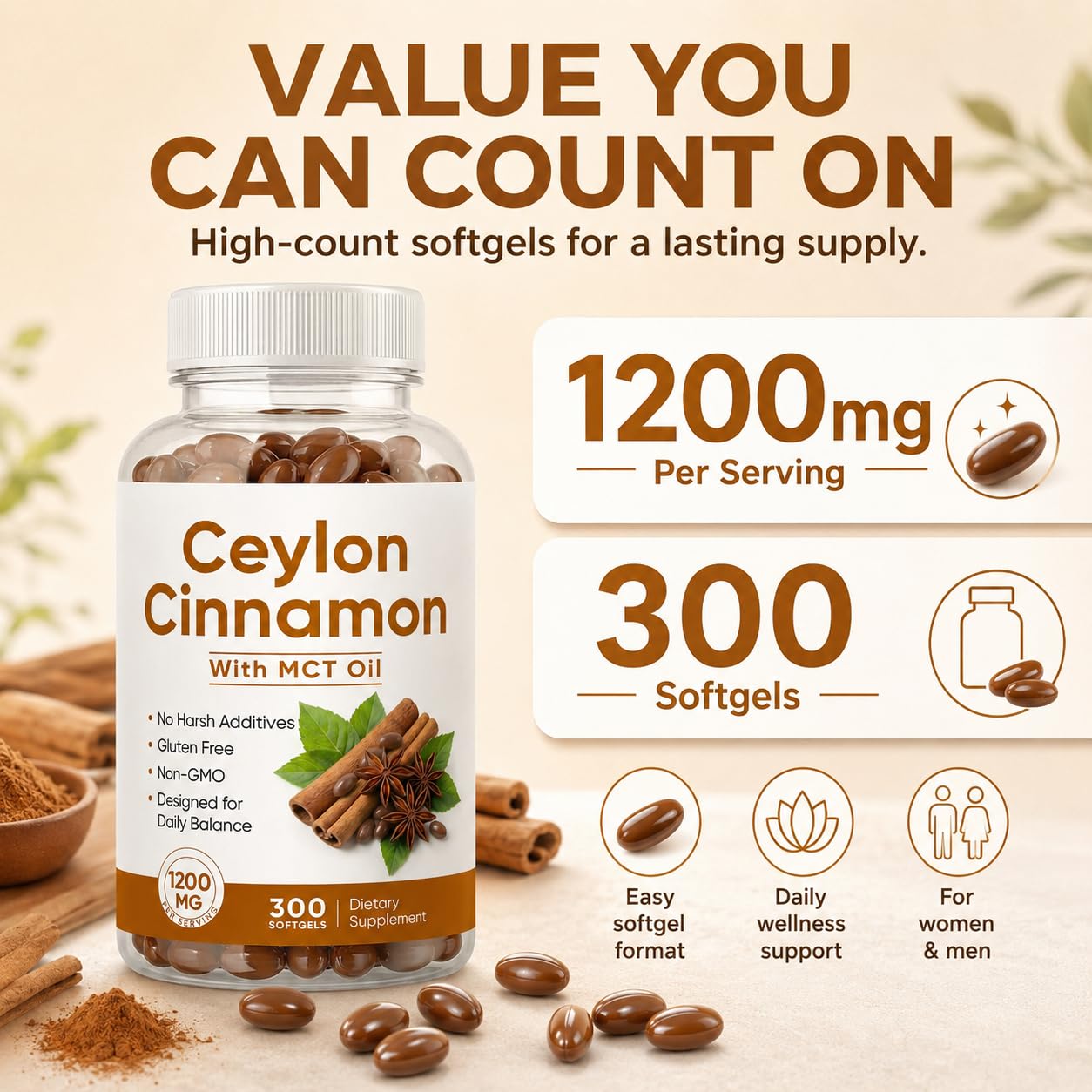 NUDENTA Ceylon Cinnamon Supplement with MCT Oil 1200mg Per Serving Softgels 300 Count