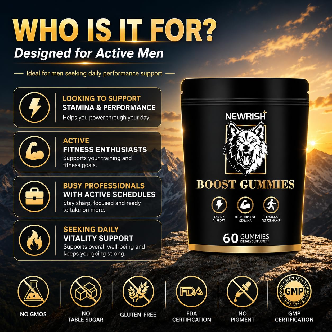 Newrish Boost Gummies Testosterone Booster for Men, 60 Gummies