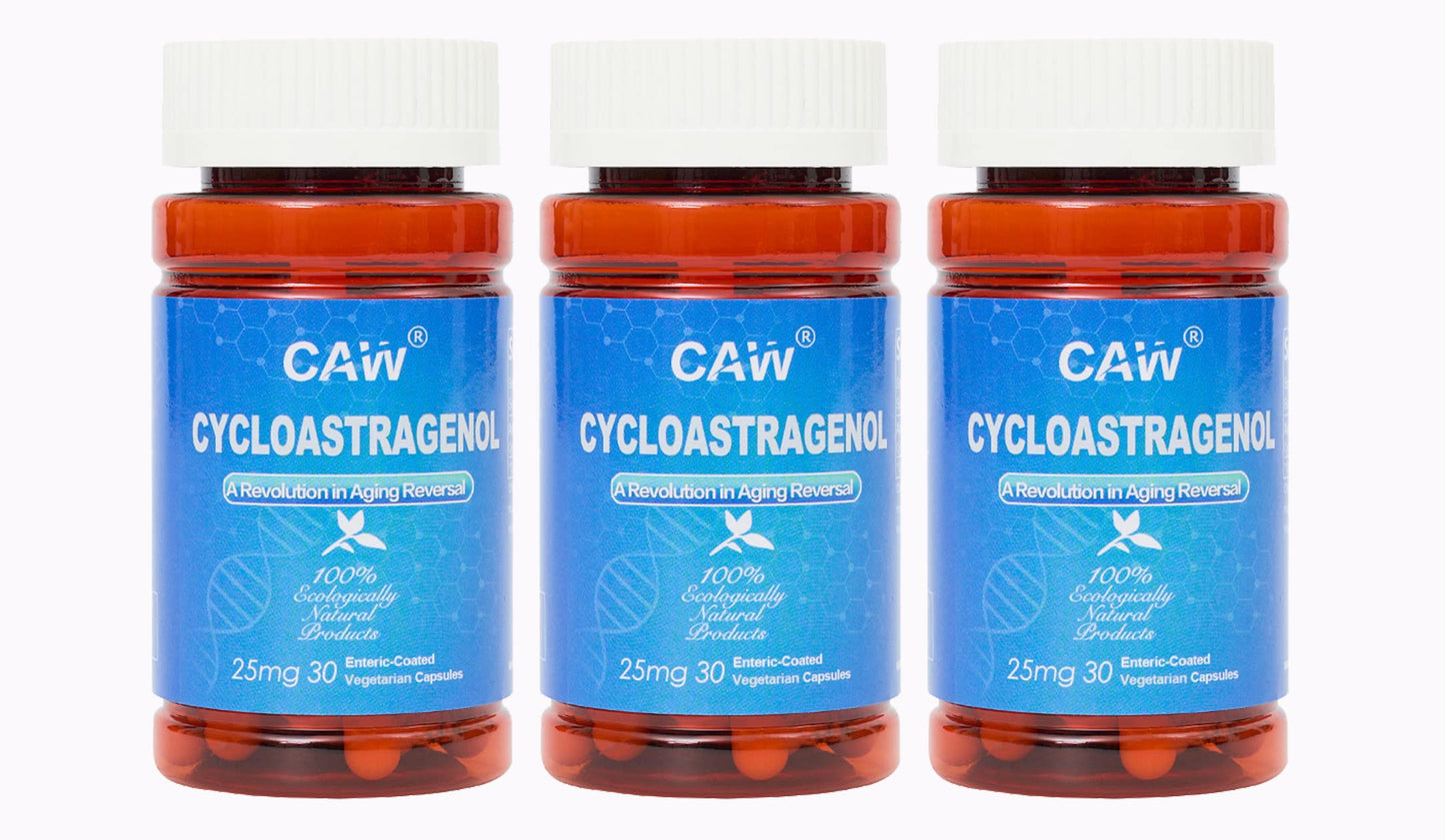 CAW Hypersorption Cycloastragenol Telomere Support Anti-Aging Cell Health Immune Booster, 25 mg Enteric-Coated Capsules, 30 Capsules per Bottle, 3 Bottles