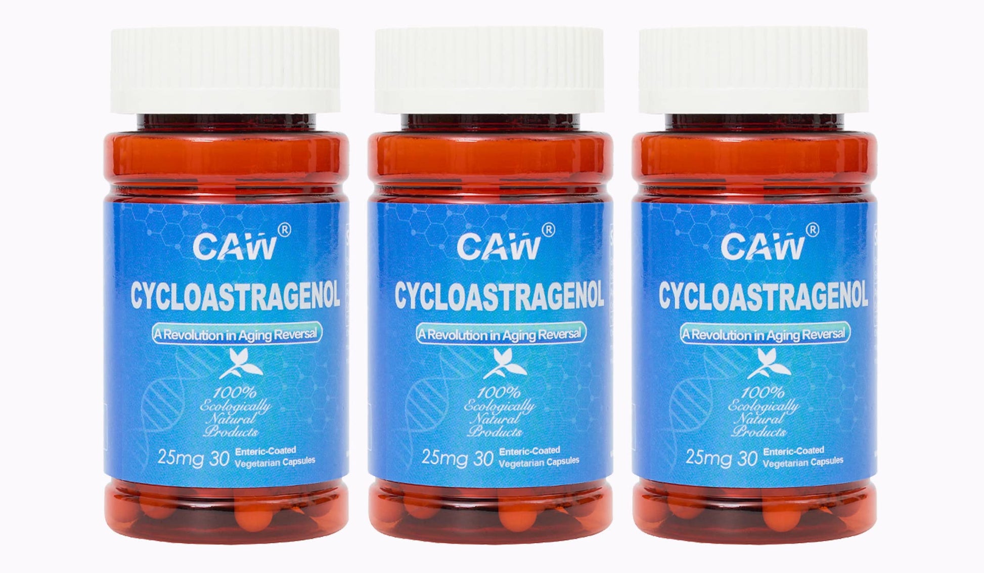CAW Hypersorption Cycloastragenol Telomere Support Anti-Aging Cell Health Immune Booster, 25 mg Enteric-Coated Capsules, 30 Capsules per Bottle, 3 Bottles