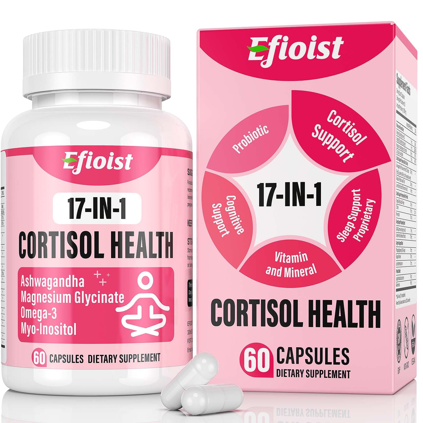 Efioist Cortisol Reducer for Women, 17-in-1 Cortisol Supplement with Ashwagandha, Rhodiola Rosea & Magnesium Glycinate, Focus, Mood & Sleep Support, 60 Capsules