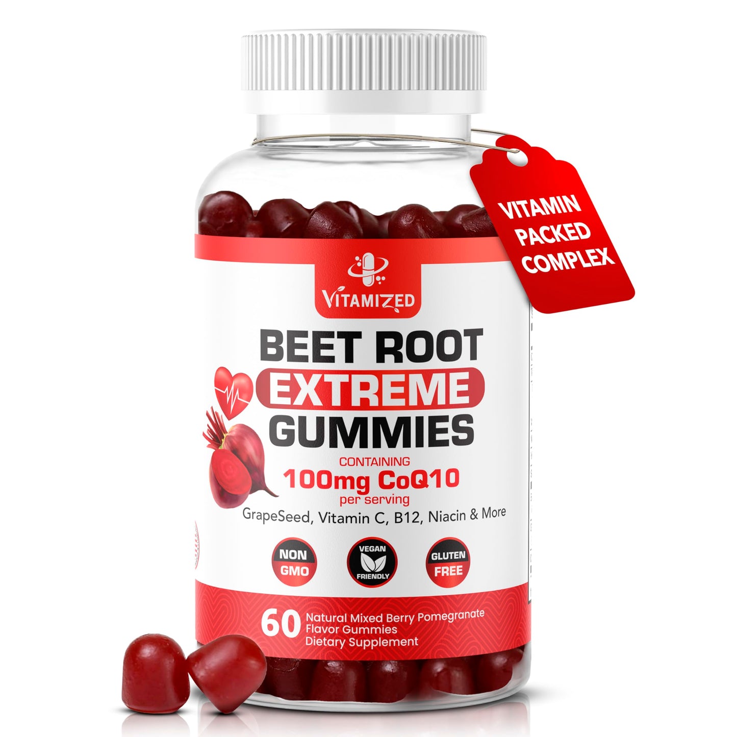 VITAMIZED Extreme Beetroot Formula & COQ10 100mg with Grape Seed Extract Gummies 60 Count