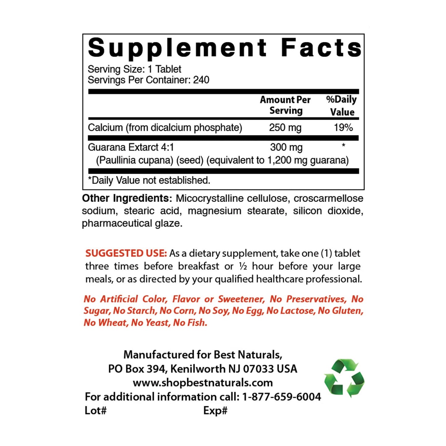 Best Naturals Guarana 1200 mg 180 Tablets