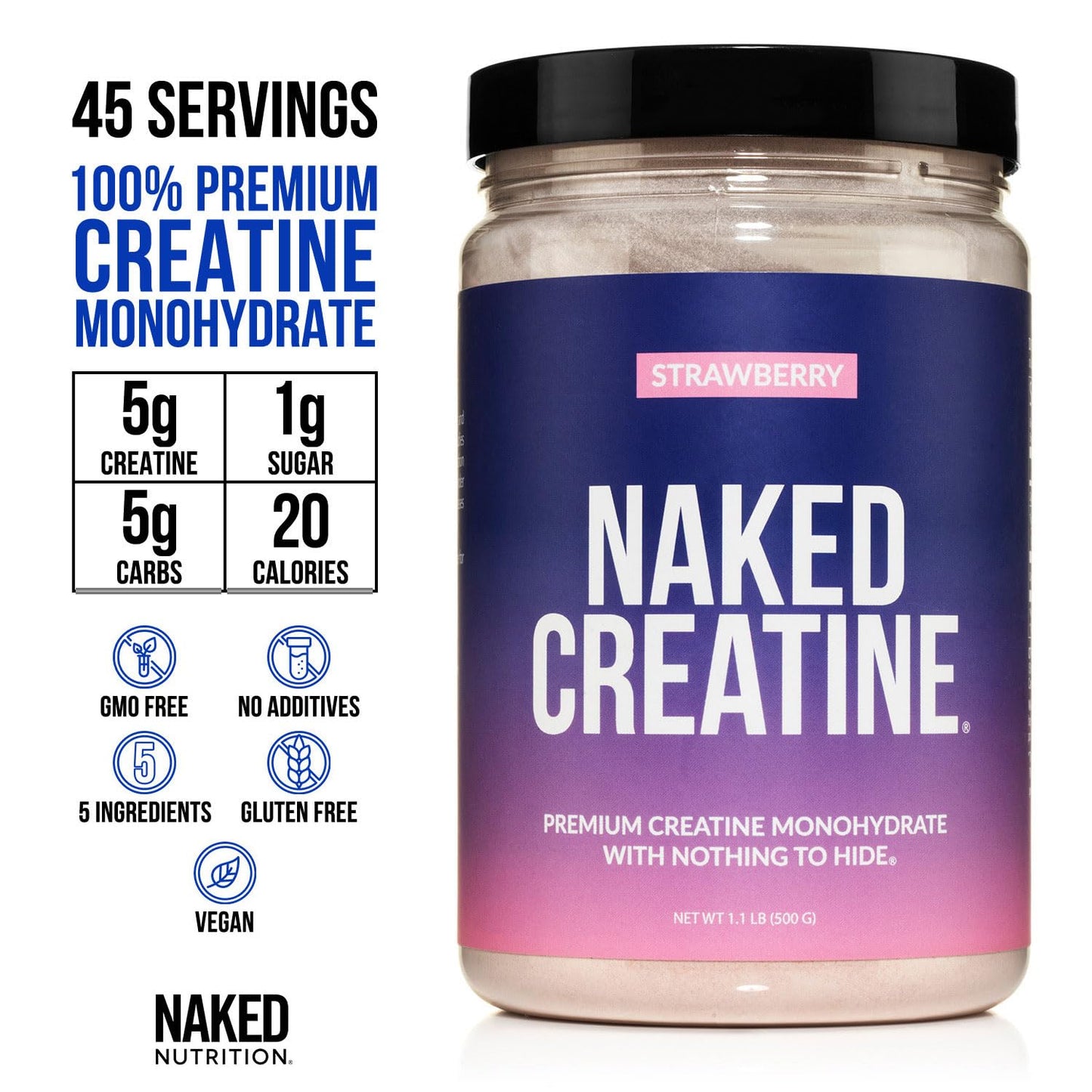 NAKED Creatine Monohydrate Powder, Strawberry Flavored, 45 Servings