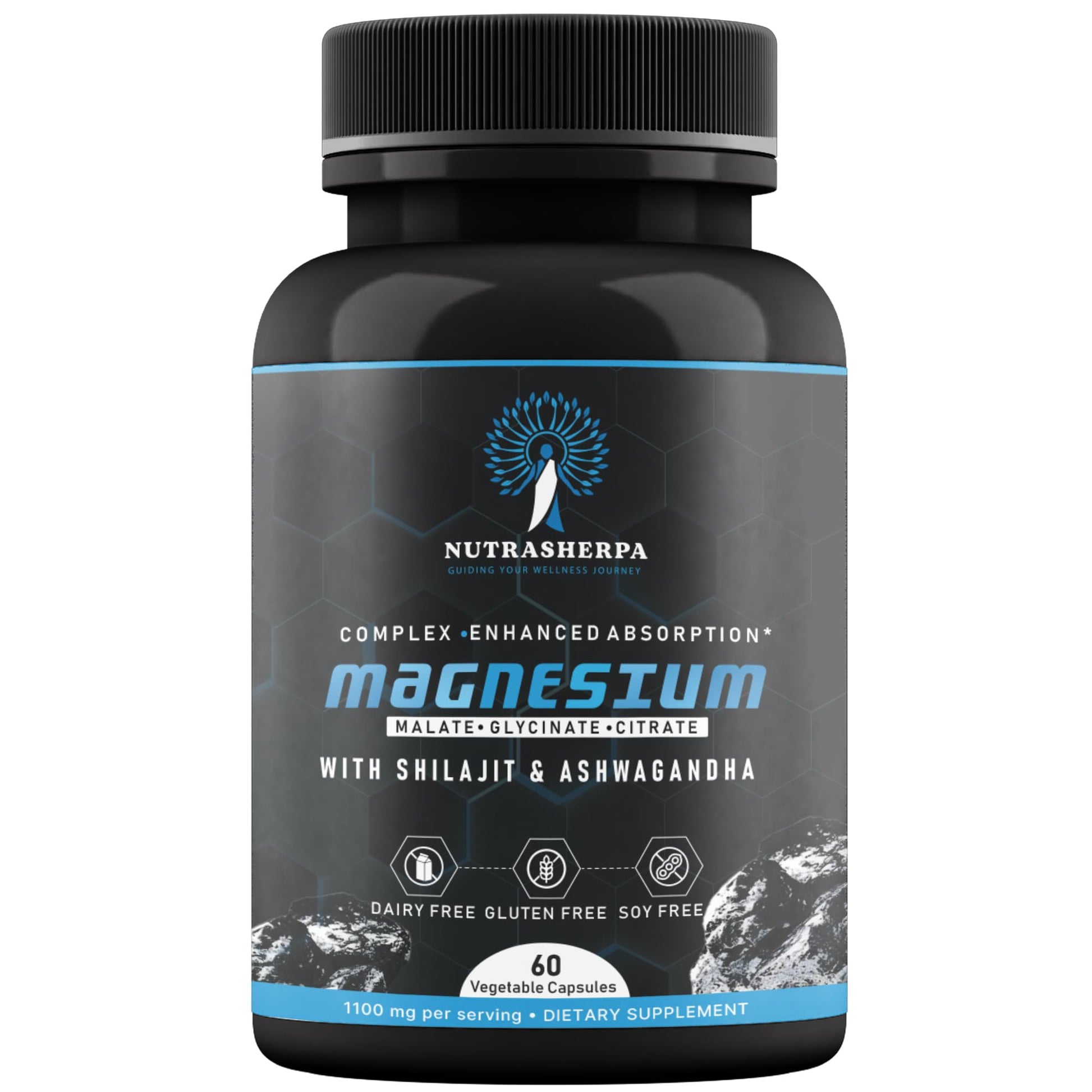 Nutrasherpa Magnesium Complex with Shilajit and Ashwagandha, 300mg Triple Magnesium Blend, Non-Buffered Formula for Absorption Capsule, 60 Count