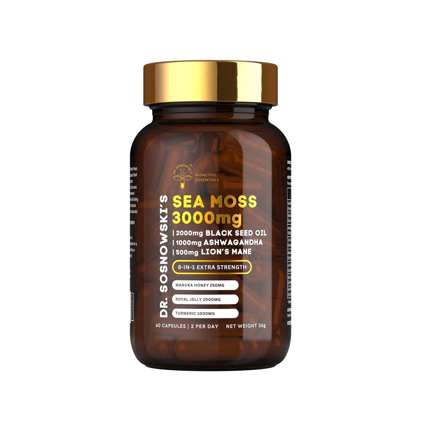 Dr Sosnowski's BioActive Sea Moss 8-in-1 Formula Enriched with Black Seed, Ashwagandha, Turmeric, Manuka Honey, Lion's Mane, Royal Jelly, Bee Propolis Extract Capsules 60 Count