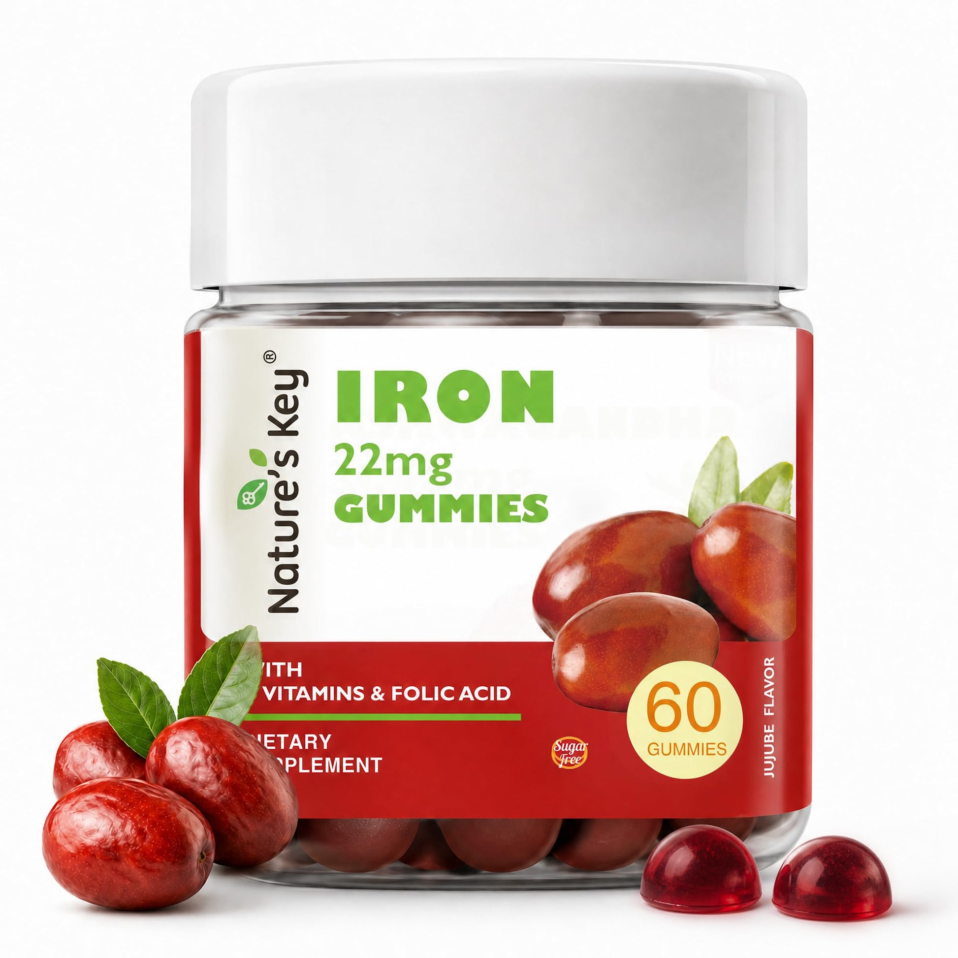 Nature's Key Iron Gummies 22mg Iron Supplement with Folic Acid, B6 & B12, Gummy, 60 Count