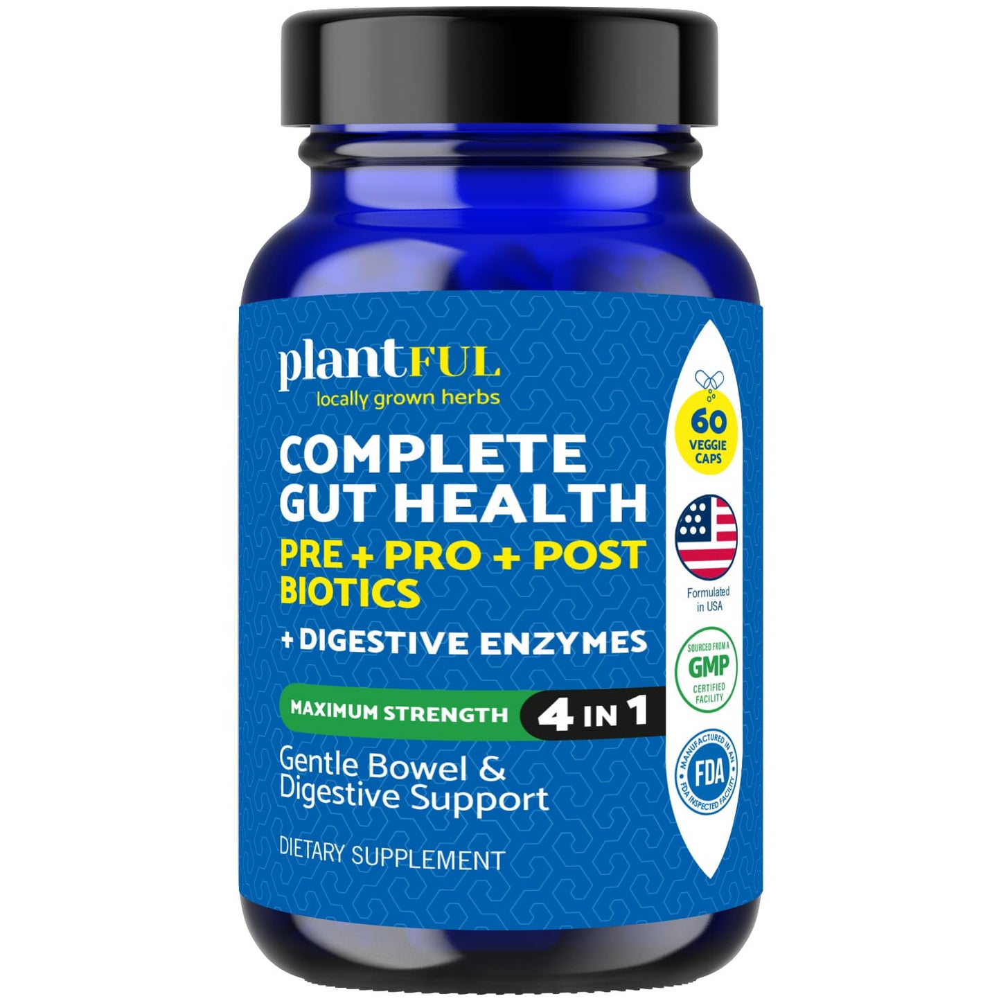 PLANTFUL RESEARCH 4-in-1 Pre Post Probiotics & Digestive Enzymes - Complete Gut Health & Digestive Support for Women & Men - Prebiotic Probiotic & Postbiotic Gas & Bloating Relief, 60 Non-GMO Capsules