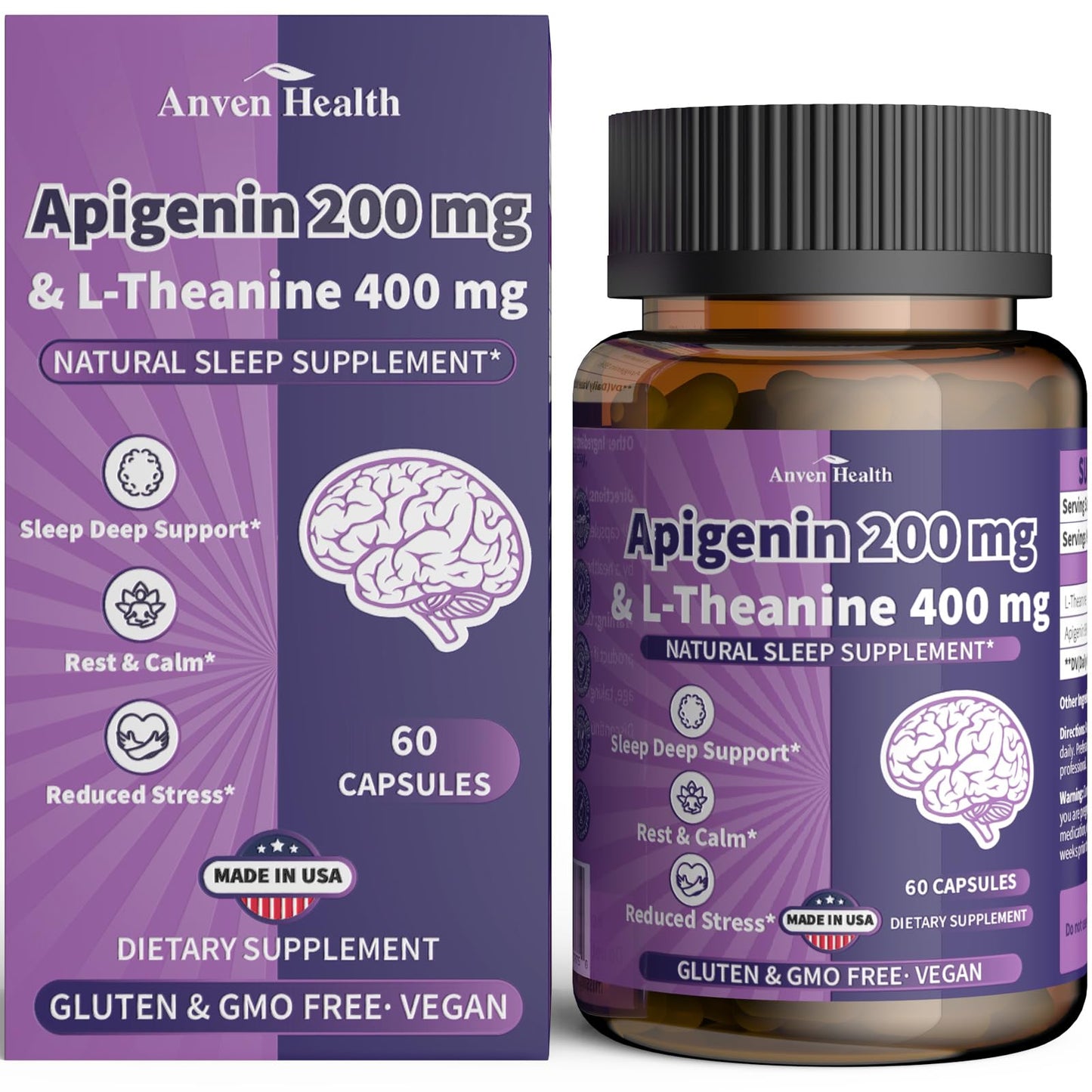 Anven Health Apigenin 200mg with L-Theanine 400mg + 60 Billion Probiotics Ultimate Relaxation, Gut & Immune Support Bundle, 120 Capsules