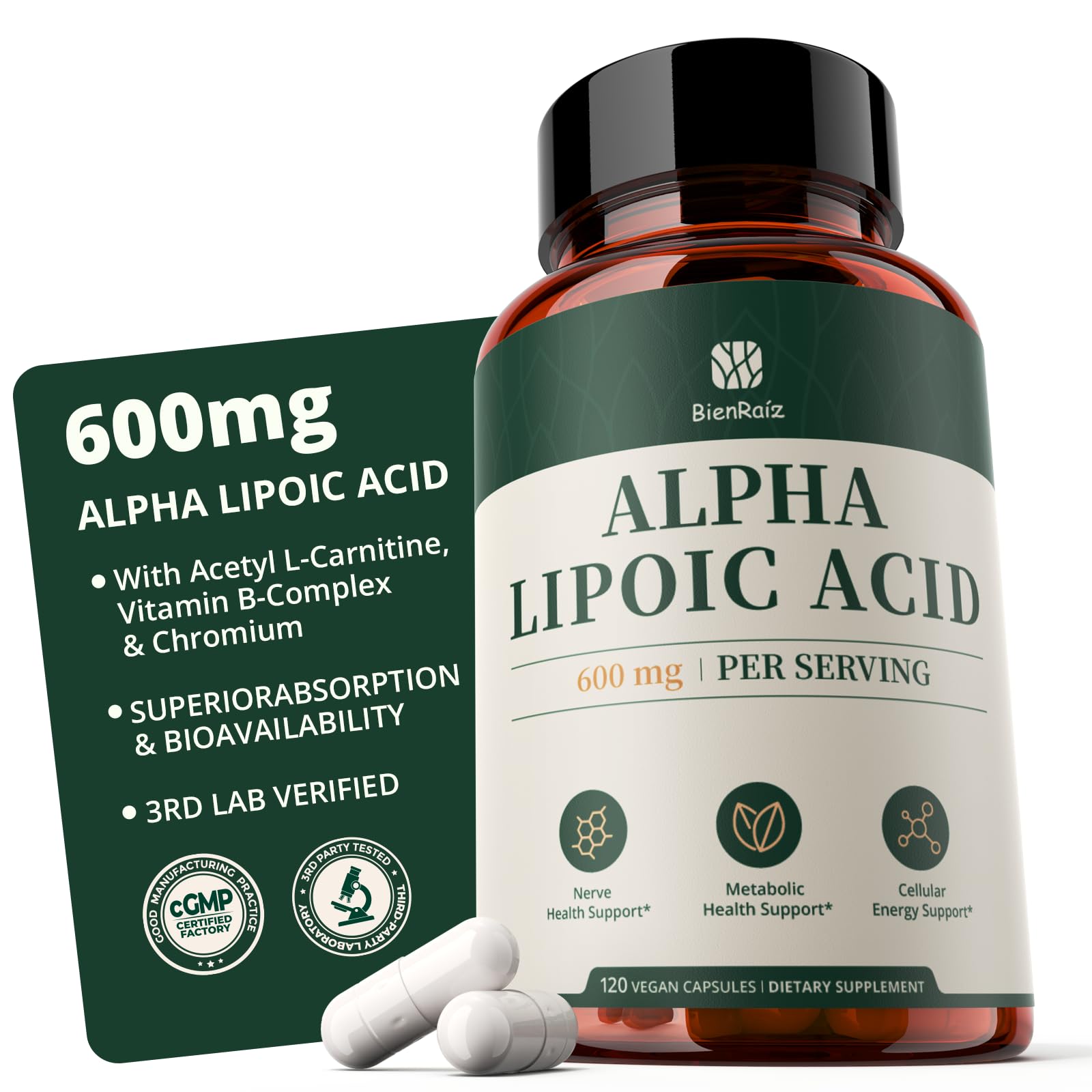 BienRaíz Alpha Lipoic Acid 600mg with B Vitamins, Chromium & ALCAR Capsule, 120 Count
