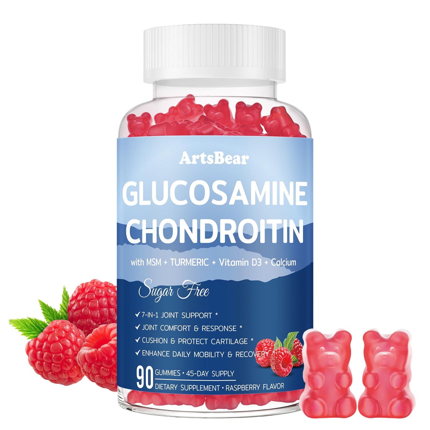 ArtsBear Glucosamine Chondroitin Gummies with MSM, Turmeric, Hyaluronic Acid & Vitamin D3-7-in-1 Joint Support, 90 Gummies