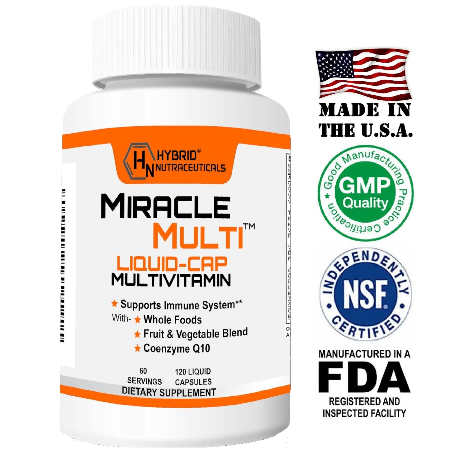 Hybrid Nutraceuticals MiracleMulti Liquid Multivitamin Capsules for Men & Women - Complete Whole Food Blend Daily Vitamin & Mineral Supplement with CoQ10, B12, 42 Superfood Enzyme, 120 Capsules