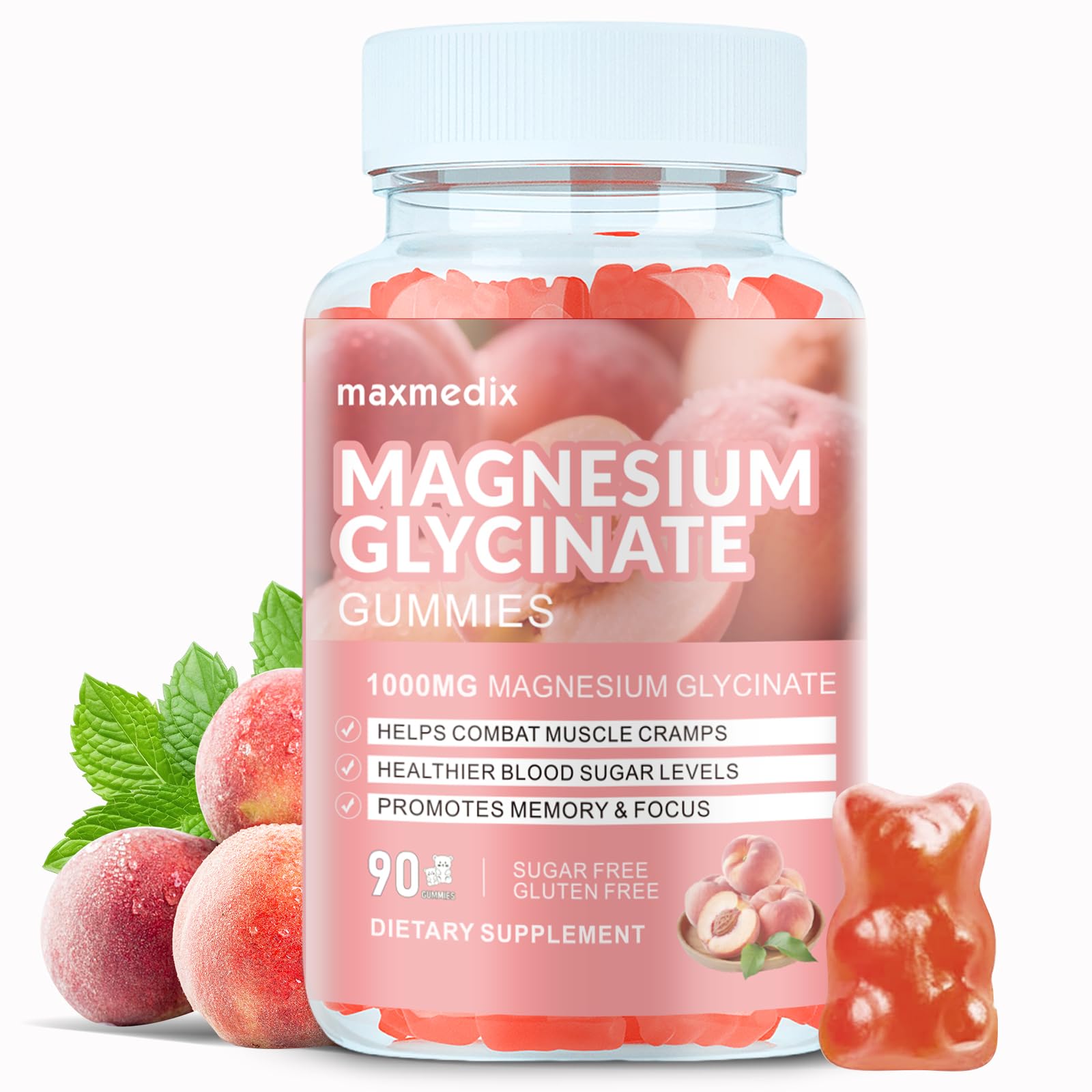 Maxmedix Magnesium Glycinate Gummies 1000mg, Sugar Free Magnesium Potassium Supplements Chewable with L-Threonate for Sleep, Body Support and Relaxation, 90 Gummies