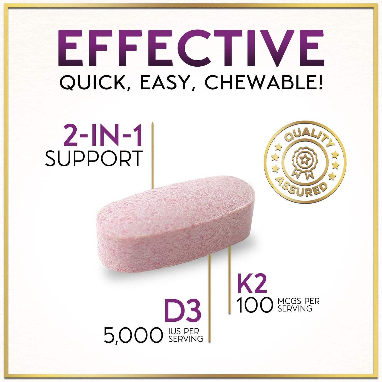 Hello Lovely! Vitamin D3 K2 (MK-7) Complex - 5000 IU per Serving for Immune Support and Bone Health - Berry Chewable, Gluten Free, 120 Tablets