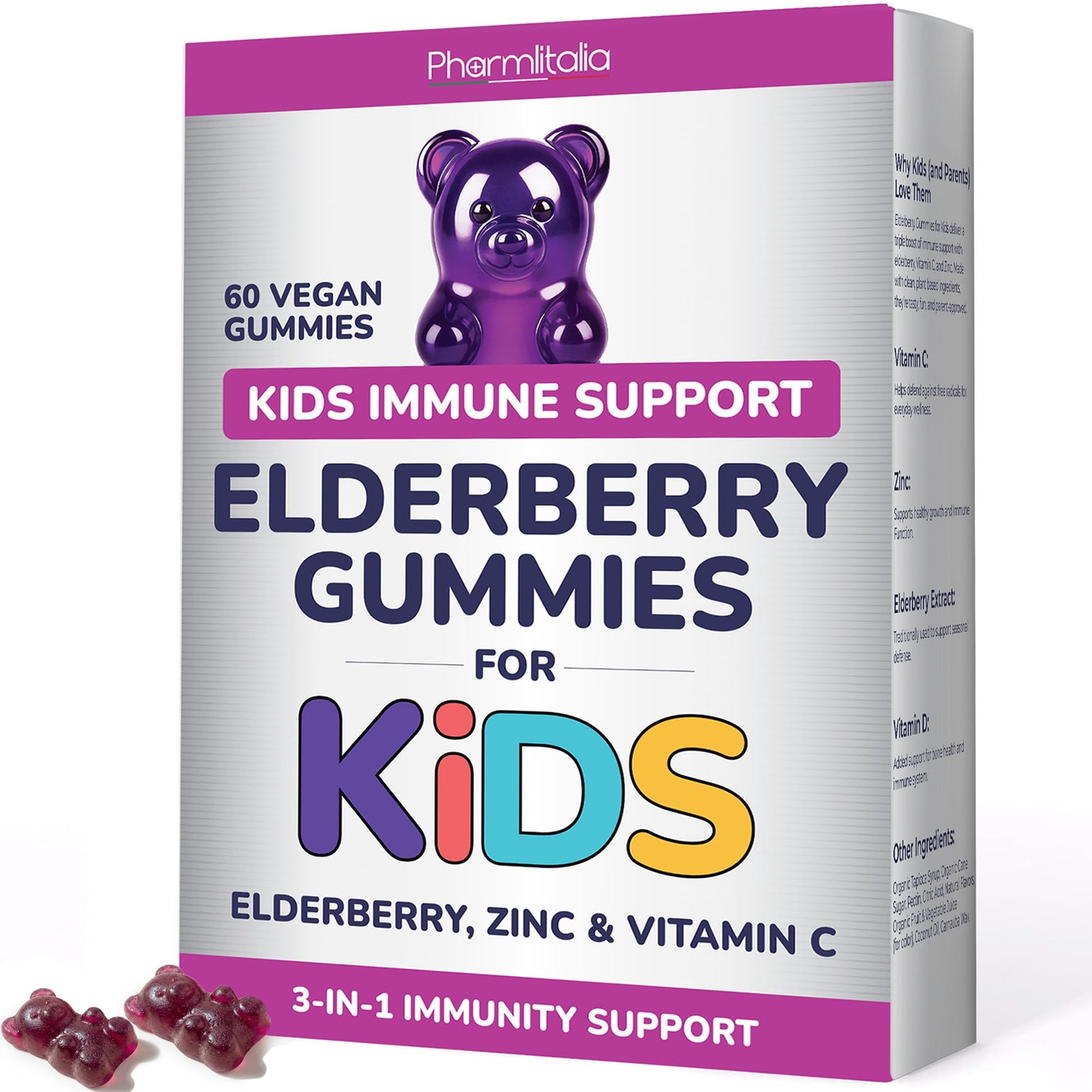 Pharmlitalia Elderberry Gummies for Kids 3 in 1 Elderberry Vitamin C and Zinc, Gummy, 60 Count