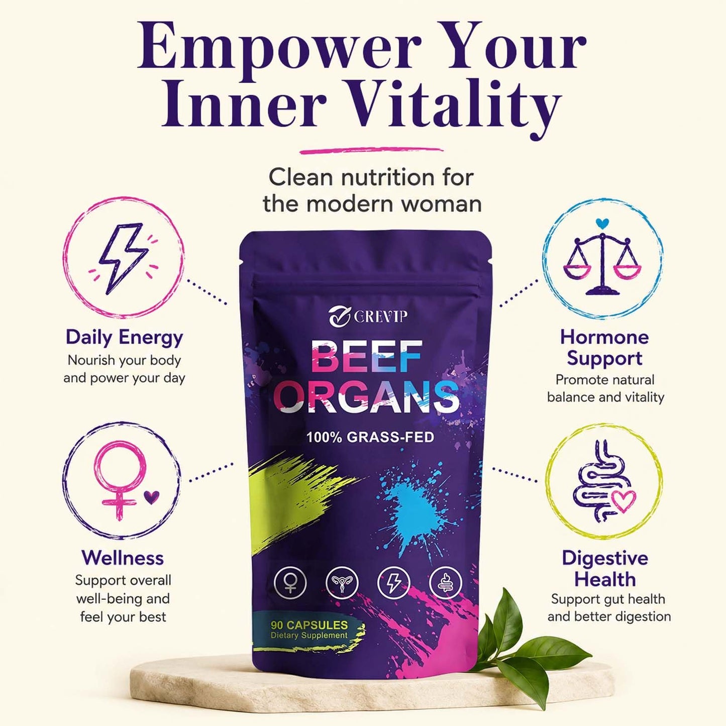 GREVIP Beef Organ Supplement for Women Capsules, 90 Count