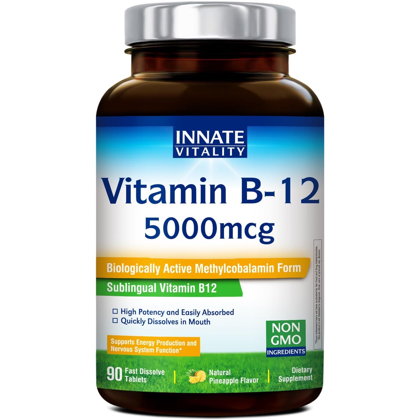 Innate Vitality Vitamin B12 5000mcg Methylcobalamin Sublingual Tablets, Pineapple Flavor, 90 Tablets
