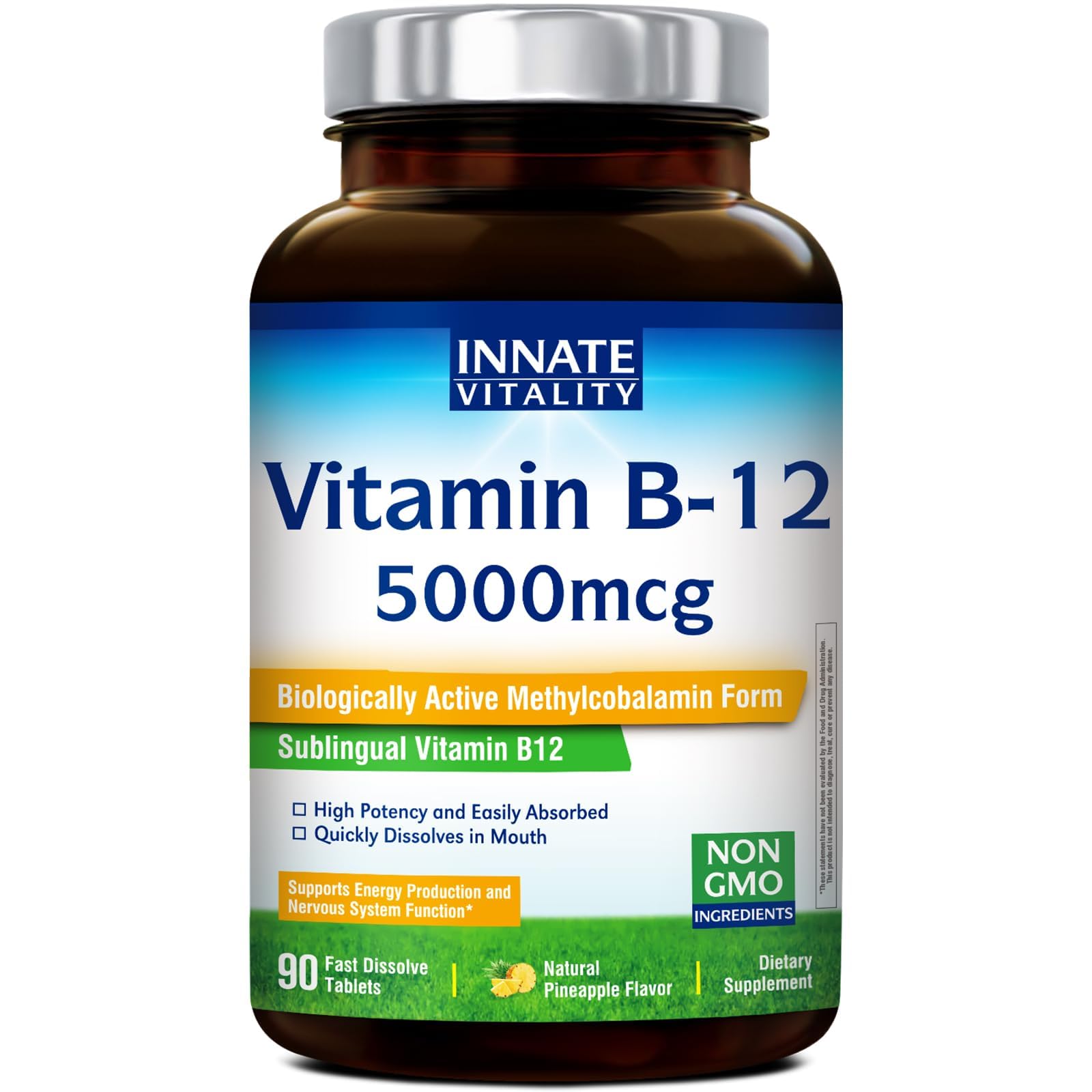 Innate Vitality Vitamin B12 5000mcg Methylcobalamin Sublingual Tablets, Pineapple Flavor, 90 Tablets