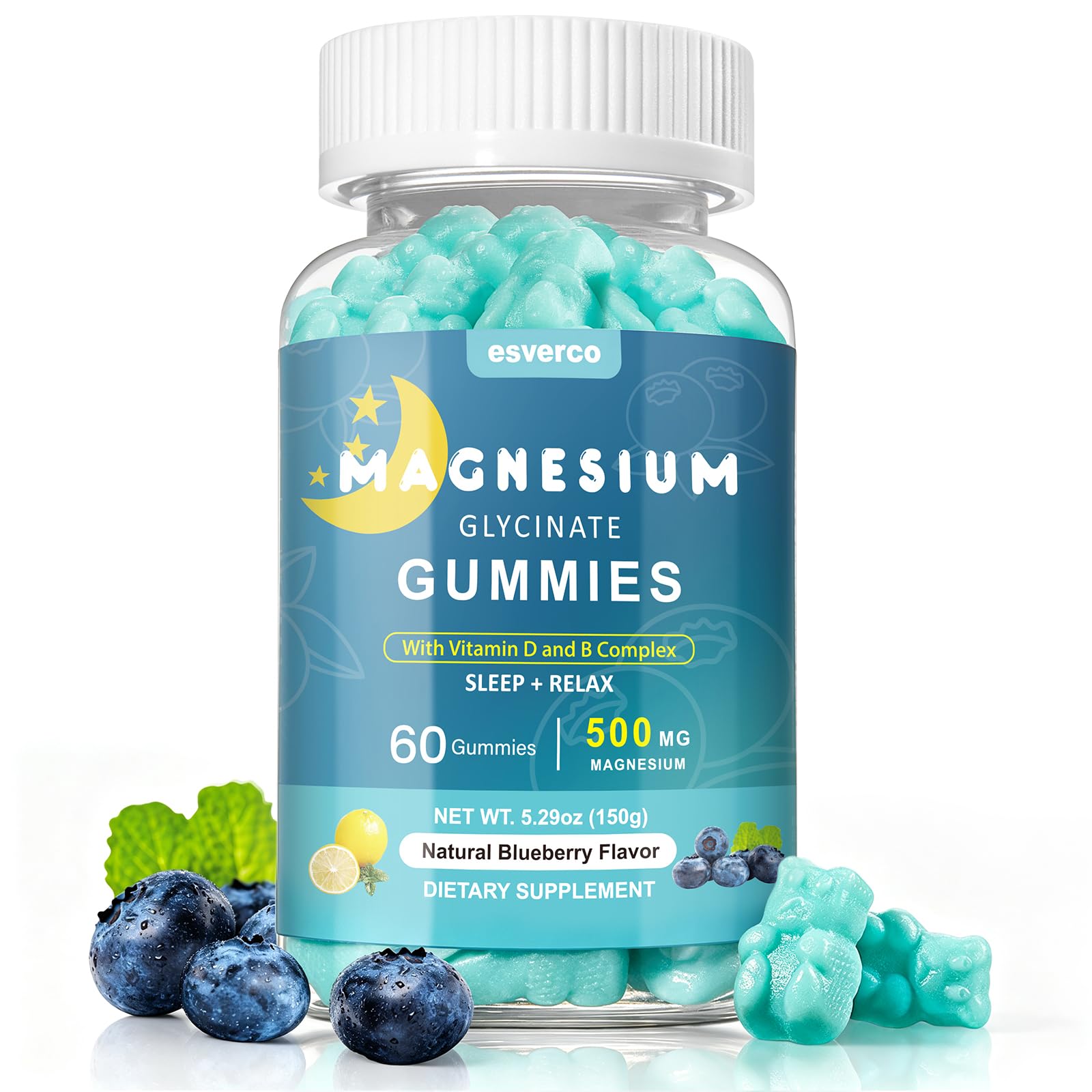 Esverco Magnesium Glycinate Gummies 500mg Blueberry 60 Count
