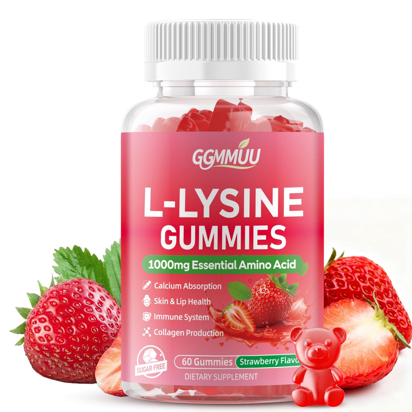 GGMMUU L-Lysine Gummies 1000mg Chewable L-Lysine Supplement for Adults & Kids, Immune Support, Strawberry Flavor, 60 Count