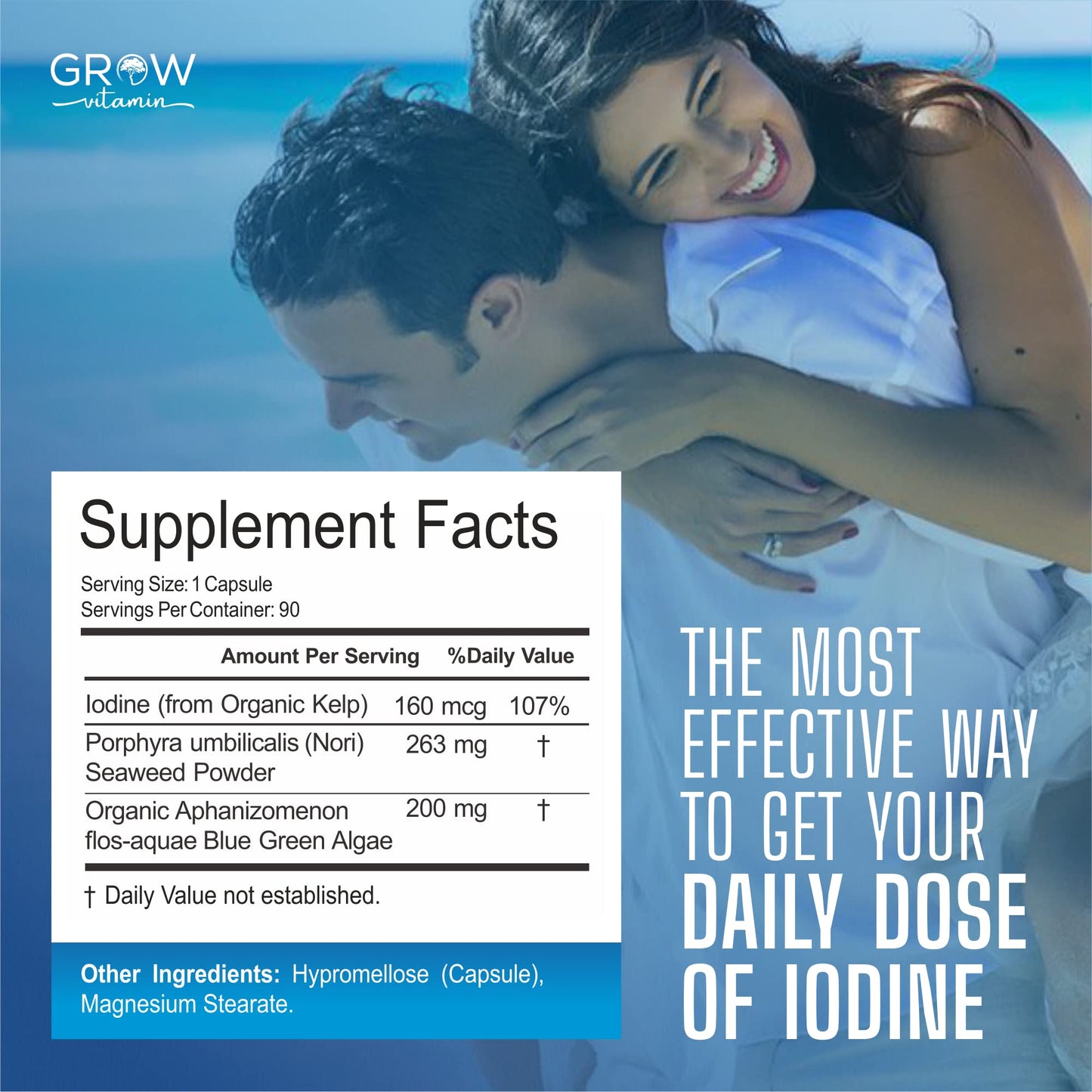 Grow Vitamin Organic Sea Kelp (Icelandic) Enhanced Thyroid Support Iodine Supplement with Blue-Green Algae & Red Algae, Immune System & Metabolism Support, 90 Capsules