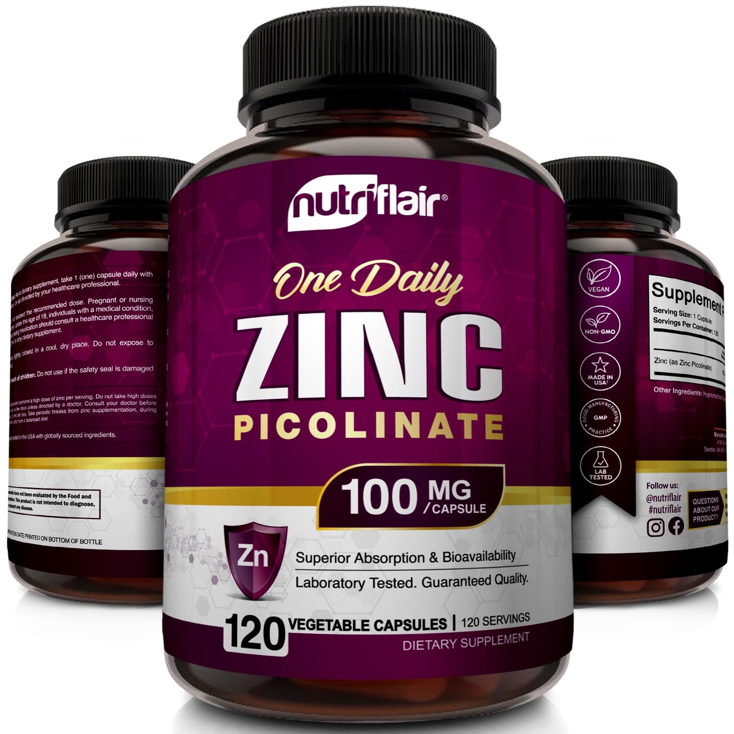 NutriFlair Zinc Picolinate 100mg Capsule 120 Count
