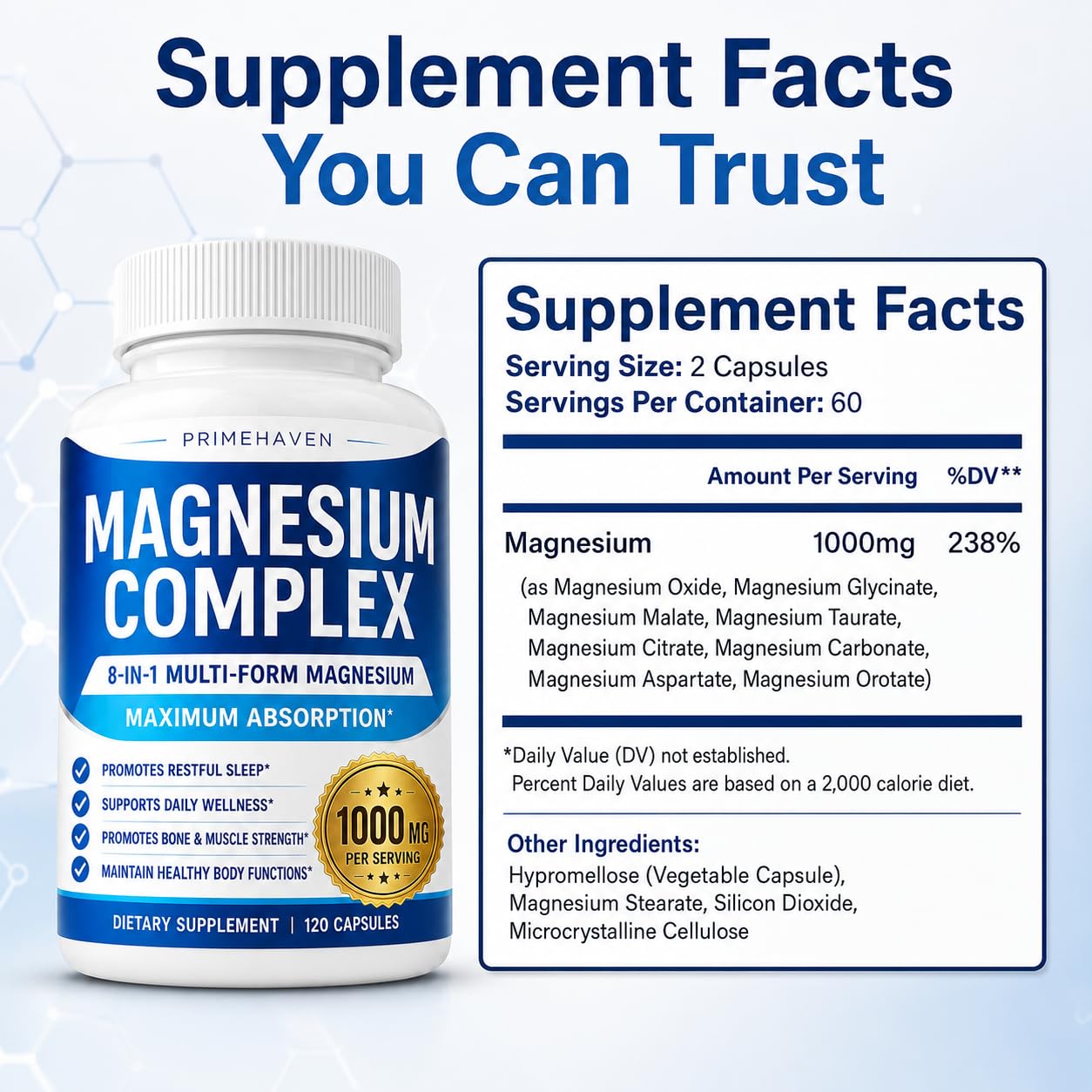 PRIMEHAVEN Alveta Magnesium Complex 1000mg for Women and Men, 8-in-1 Magnesio Complex Supplement Capsules with Glycinate, Citrate, Malate & Taurate, 120 Capsules