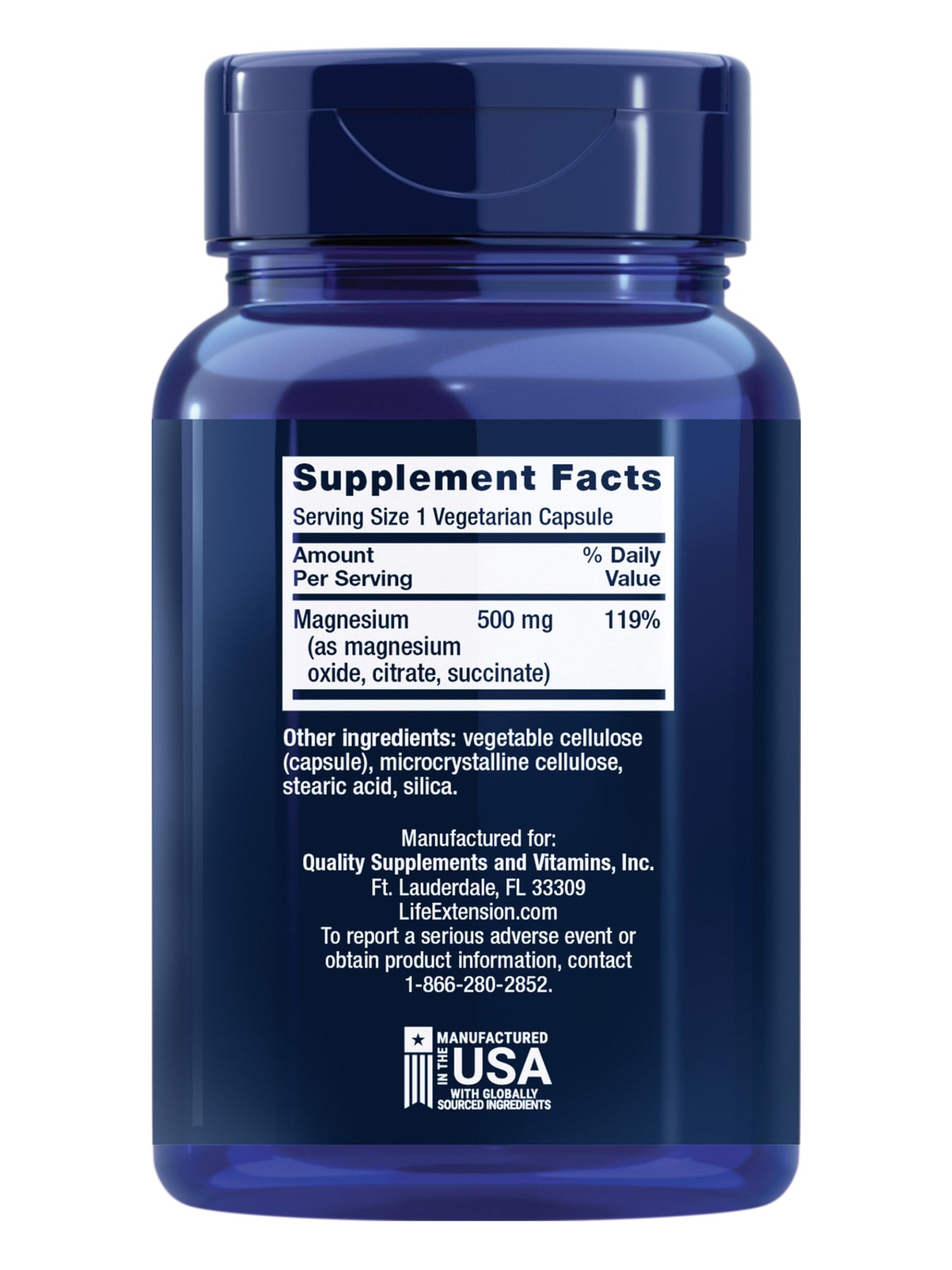 Life Extension Magnesium Capsules 500 mg, Magnesium Oxide, Citrate, and Succinate, Heart Health, Healthy Bones, Metabolism Support, 100 Vegetarian Capsules